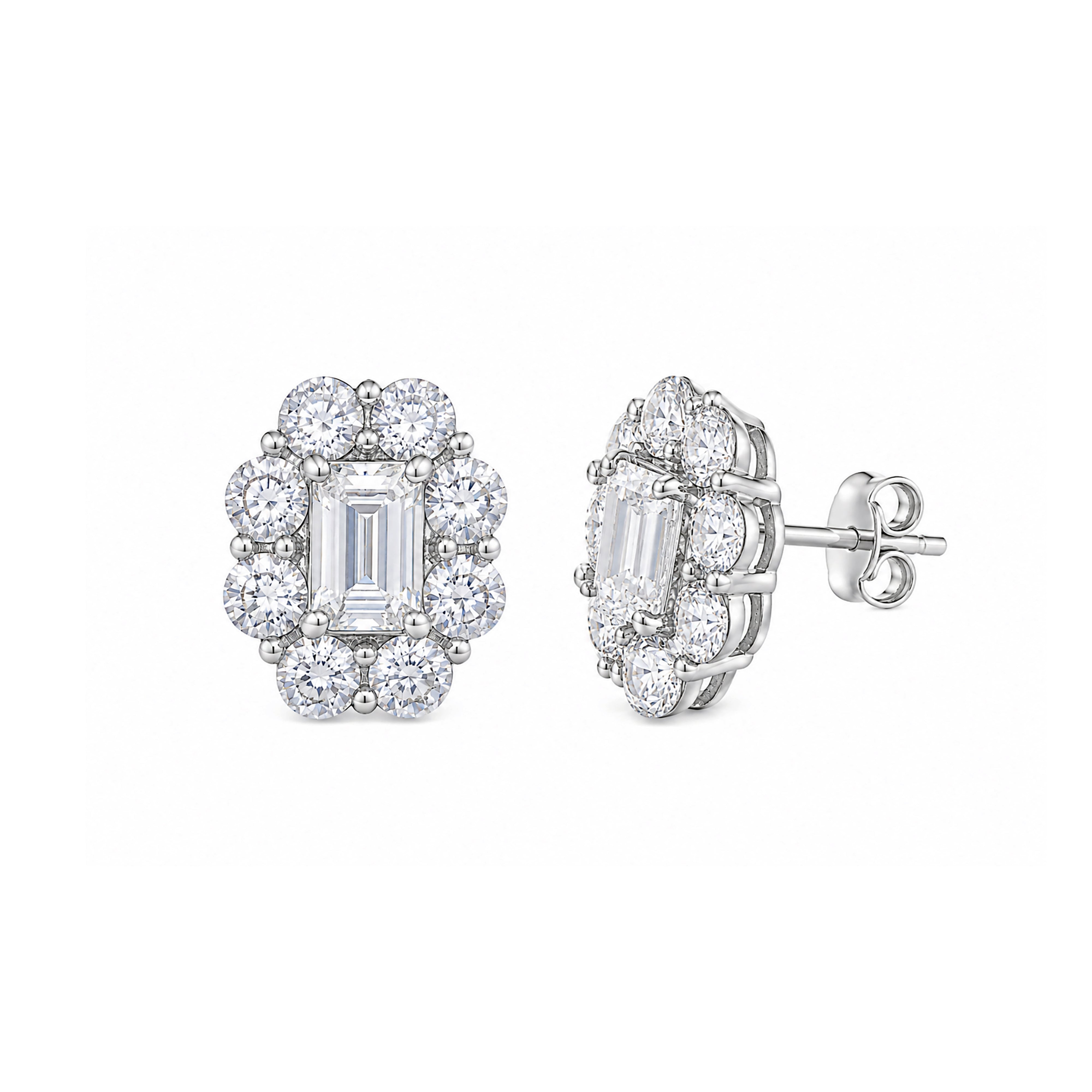 Rhodium Plated 925 Silver Round Emerald CZ Flower Stud Earring and Necklace Set - STS00296