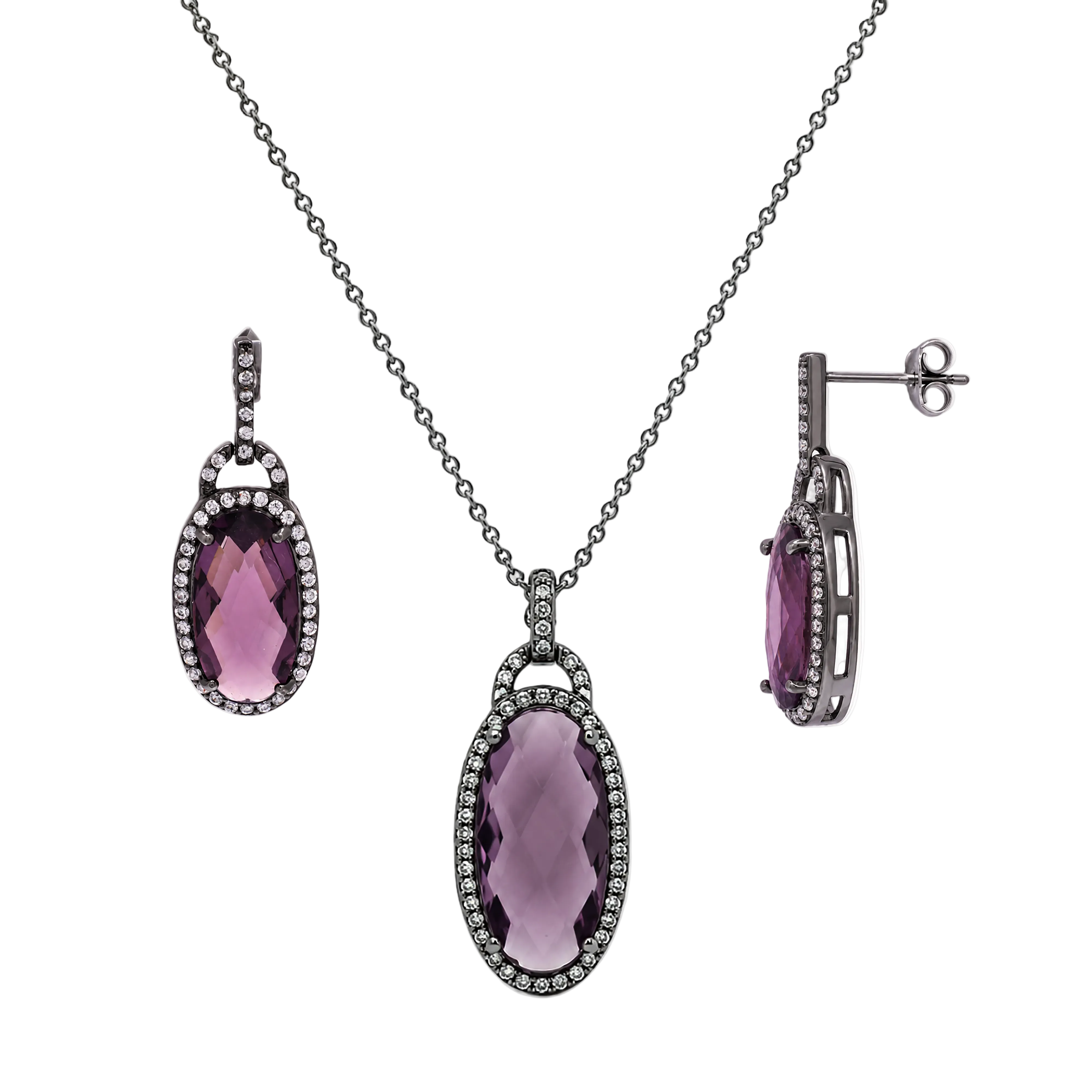 Conjunto de pendientes colgantes a juego con circonitas cúbicas moradas ovaladas talladas a mano en plata 925 rodiada - STS00301