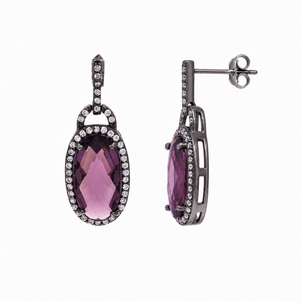 Conjunto de pendientes colgantes a juego con circonitas cúbicas moradas ovaladas talladas a mano en plata 925 rodiada - STS00301
