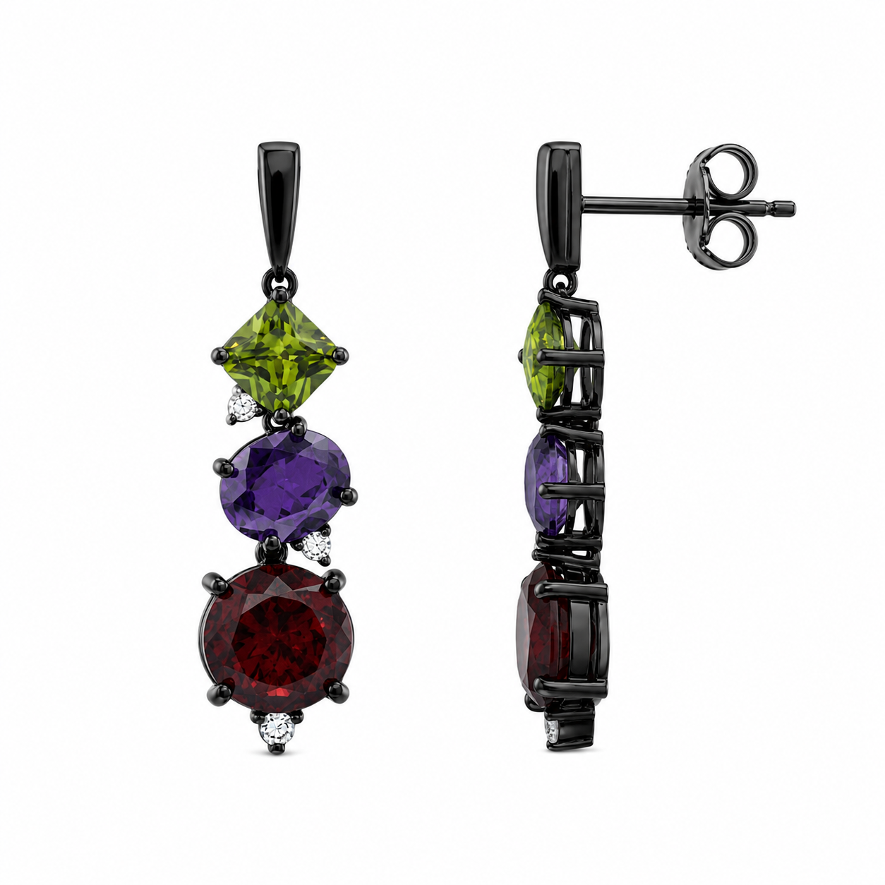 Conjunto de aretes y collar colgantes con circonita cúbica redonda de varios colores chapados en rodio de plata 925 - STS00314