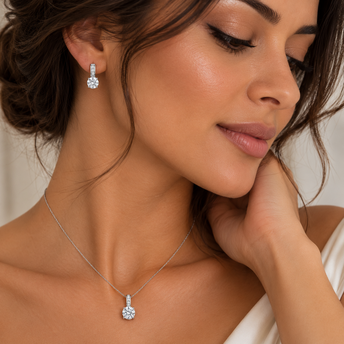 Rhodium Plated 925 Sterling Silver Dainty Round CZ Stud Earring and Necklace Set - STS00351