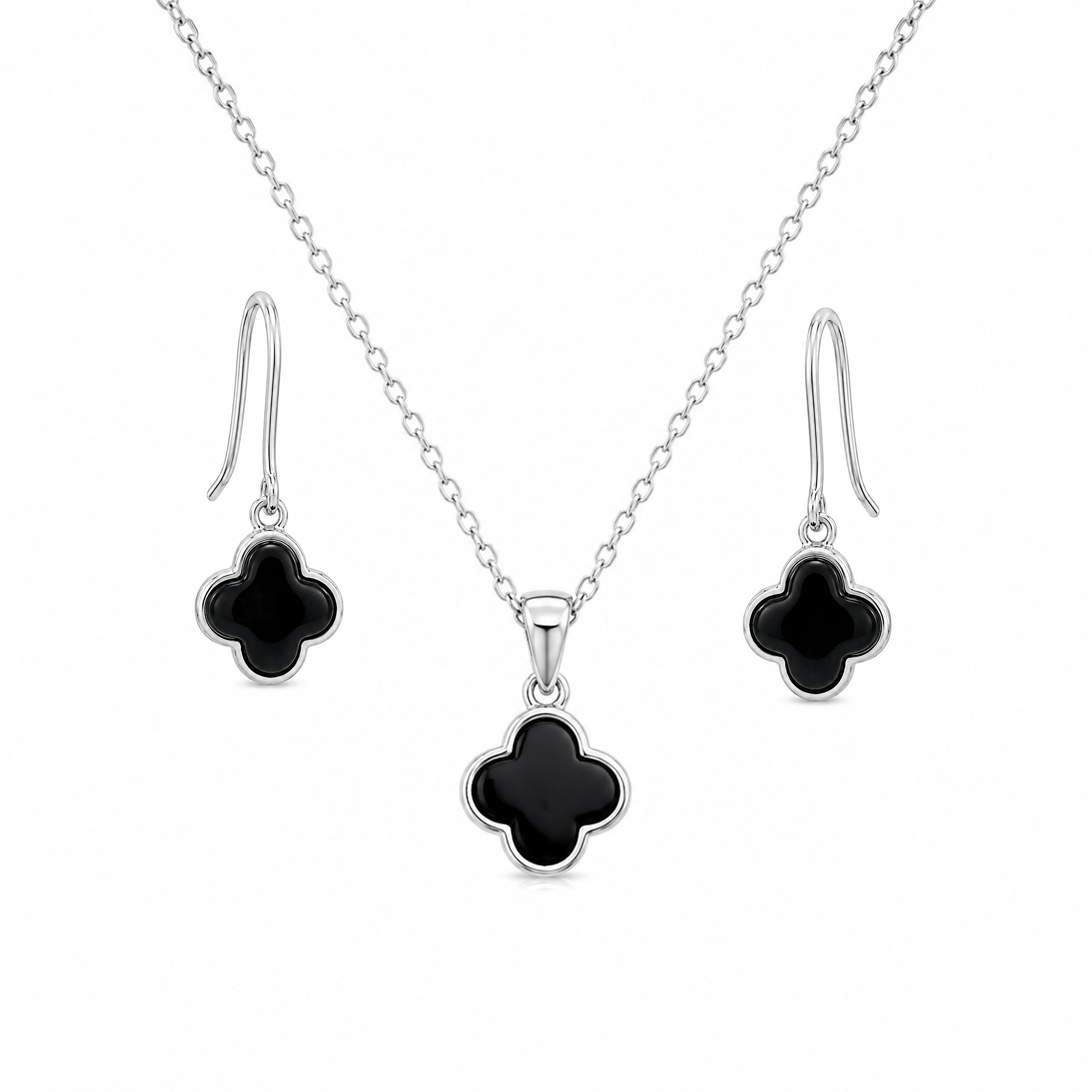 Juego de aretes y collar con gancho colgante de flor de ónix negro chapado en rodio de plata 925 - STS00354