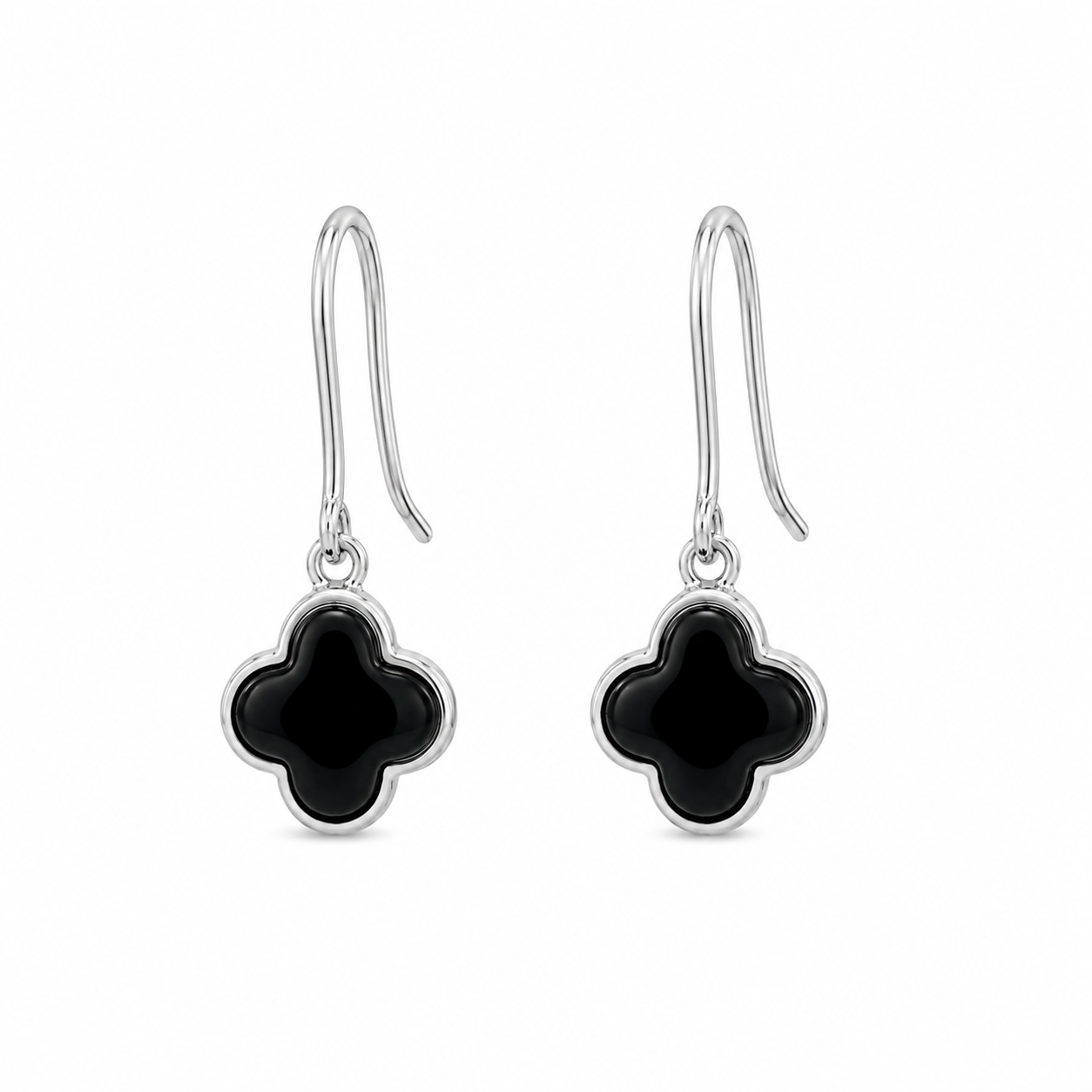Juego de aretes y collar con gancho colgante de flor de ónix negro chapado en rodio de plata 925 - STS00354