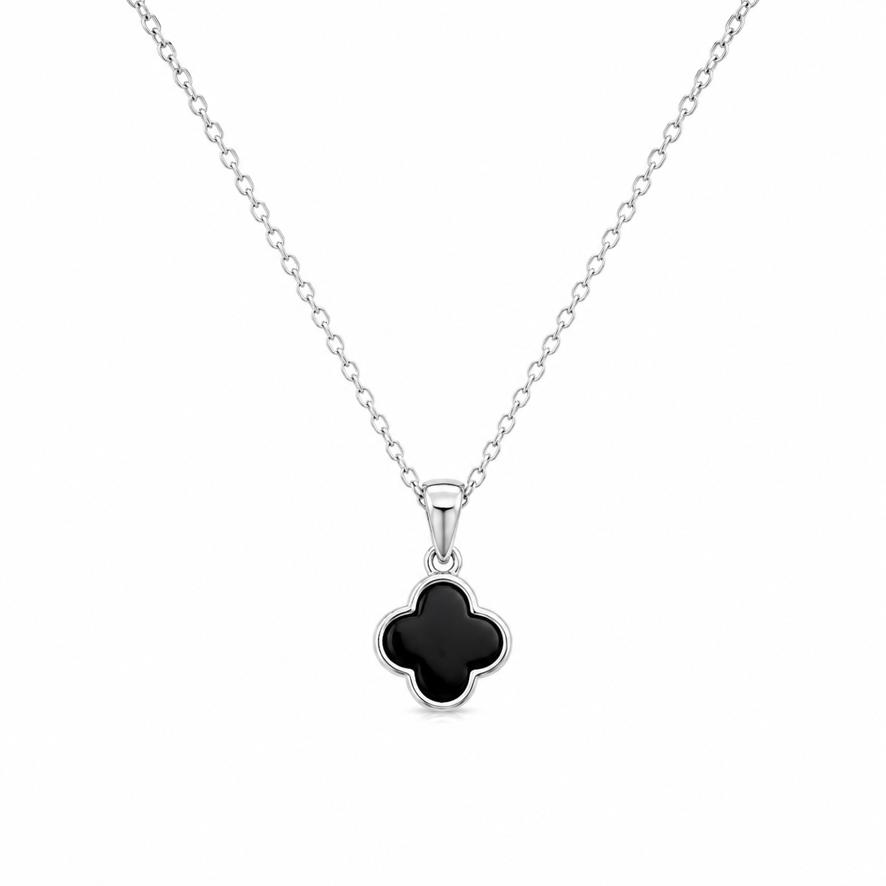 Juego de aretes y collar con gancho colgante de flor de ónix negro chapado en rodio de plata 925 - STS00354