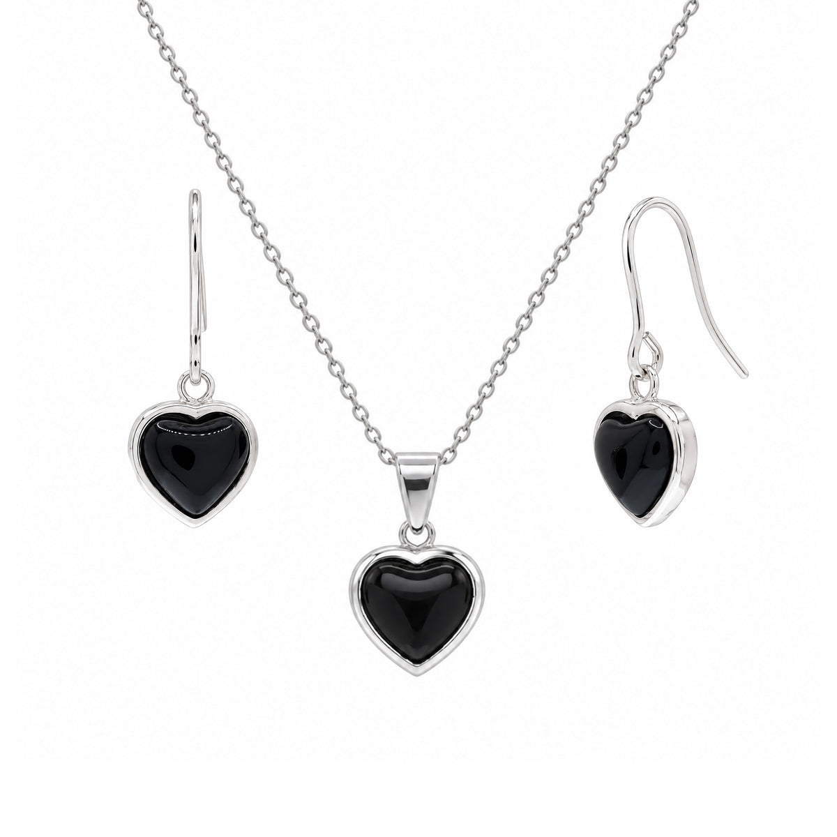 Rhodium Plated 925 Sterling Silver Black Onyx Heart CZ Dangle Earring and Necklace Set - STS00355