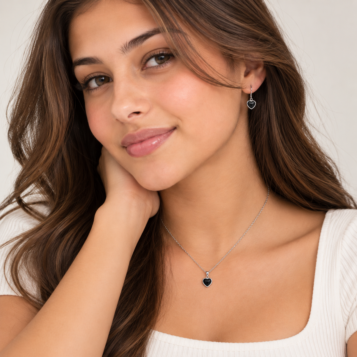 Rhodium Plated 925 Sterling Silver Black Onyx Heart CZ Dangle Earring and Necklace Set - STS00355