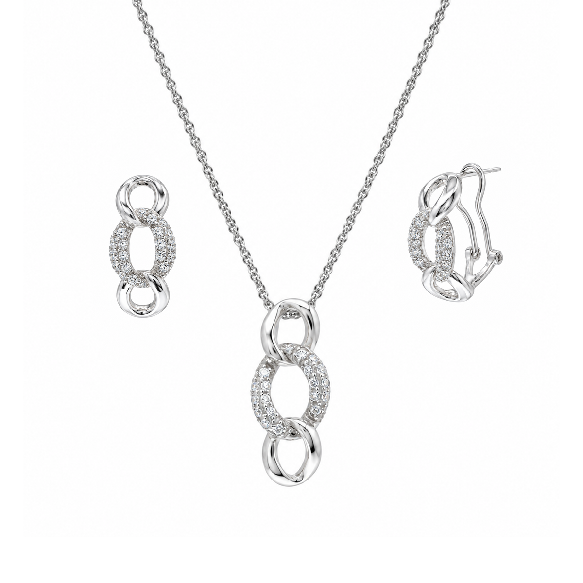 Juego de aretes y collar con cierre de palanca CZ con eslabones circulares abiertos chapados en rodio en plata 925 - STS00364