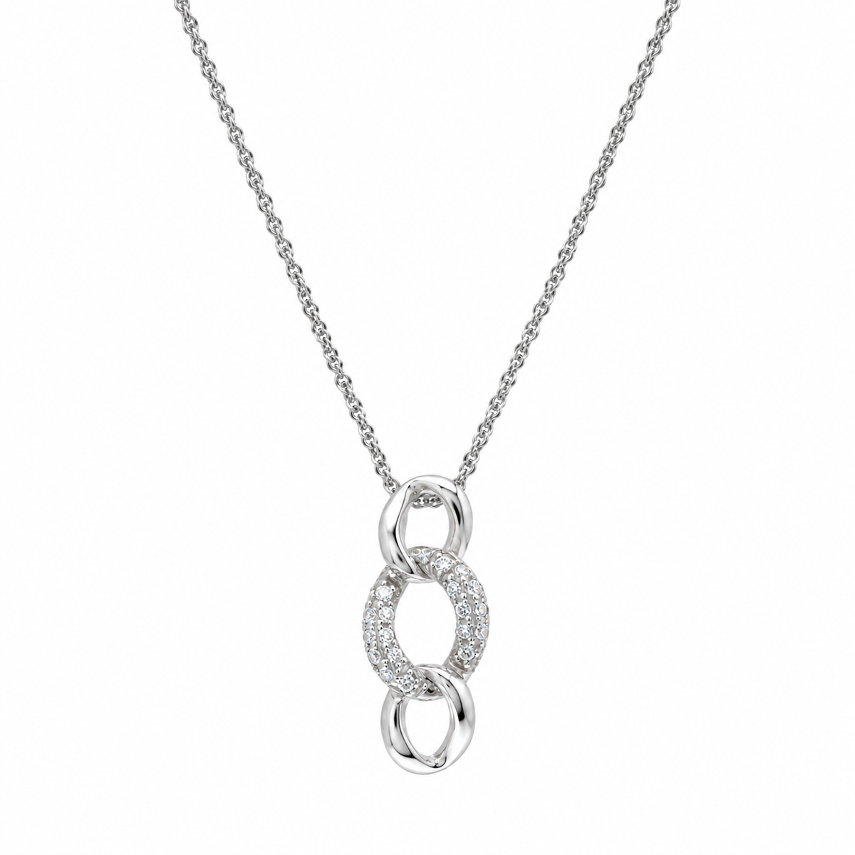 Juego de aretes y collar con cierre de palanca CZ con eslabones circulares abiertos chapados en rodio en plata 925 - STS00364