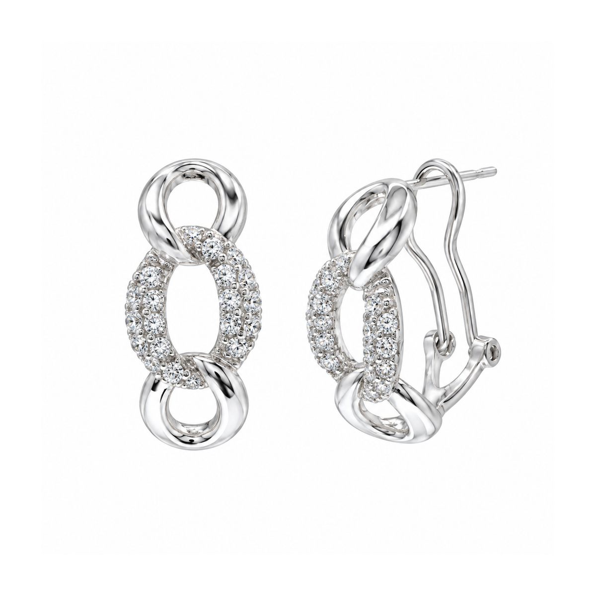 Juego de aretes y collar con cierre de palanca CZ con eslabones circulares abiertos chapados en rodio en plata 925 - STS00364