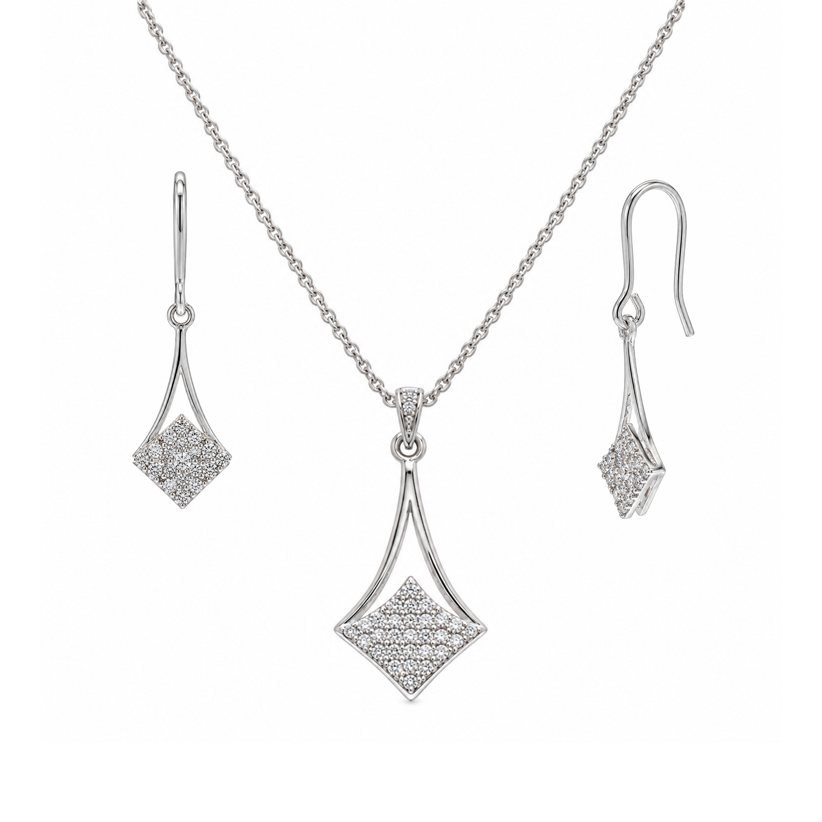 Juego de aretes y collar con gancho colgante de circonita cúbica micro pavé chapado en rodio en plata 925 - STS00409