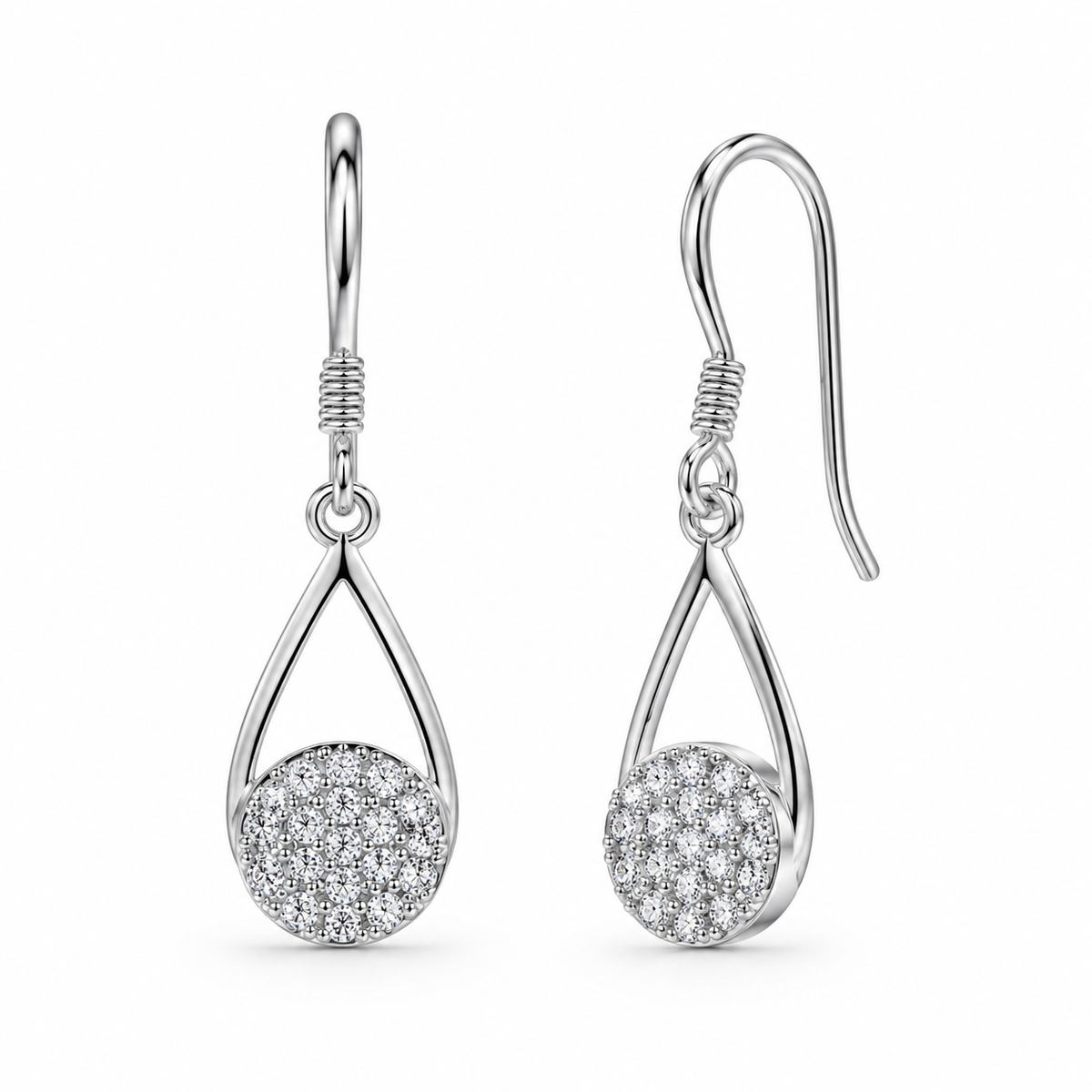 Juego de aretes y collar con gancho colgante con circonita cúbica en forma de lágrima abierta chapada en rodio de plata 925 - STS00411