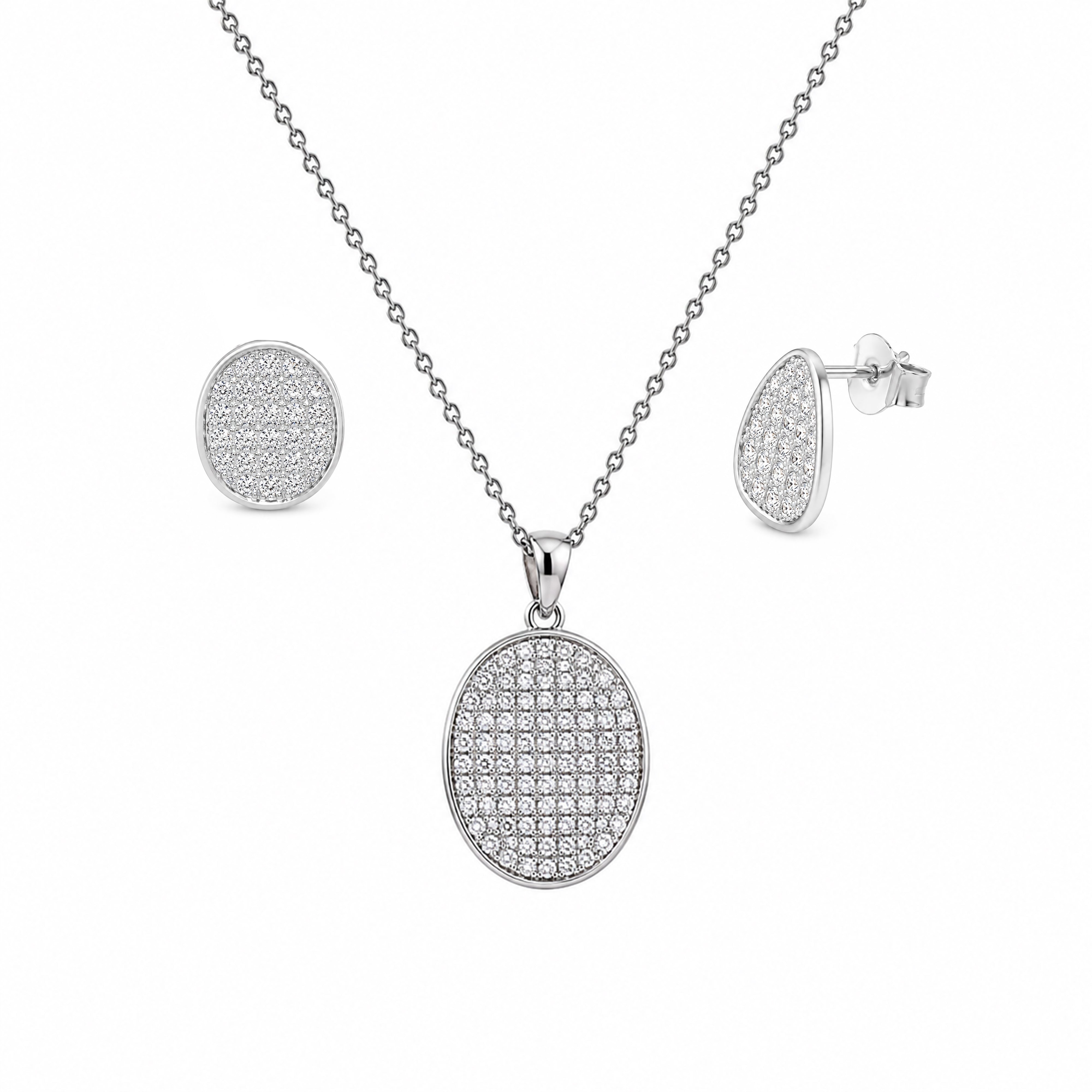 Juego de aretes y collar con circonita ovalada chapada en rodio en plata 925 - STS00412