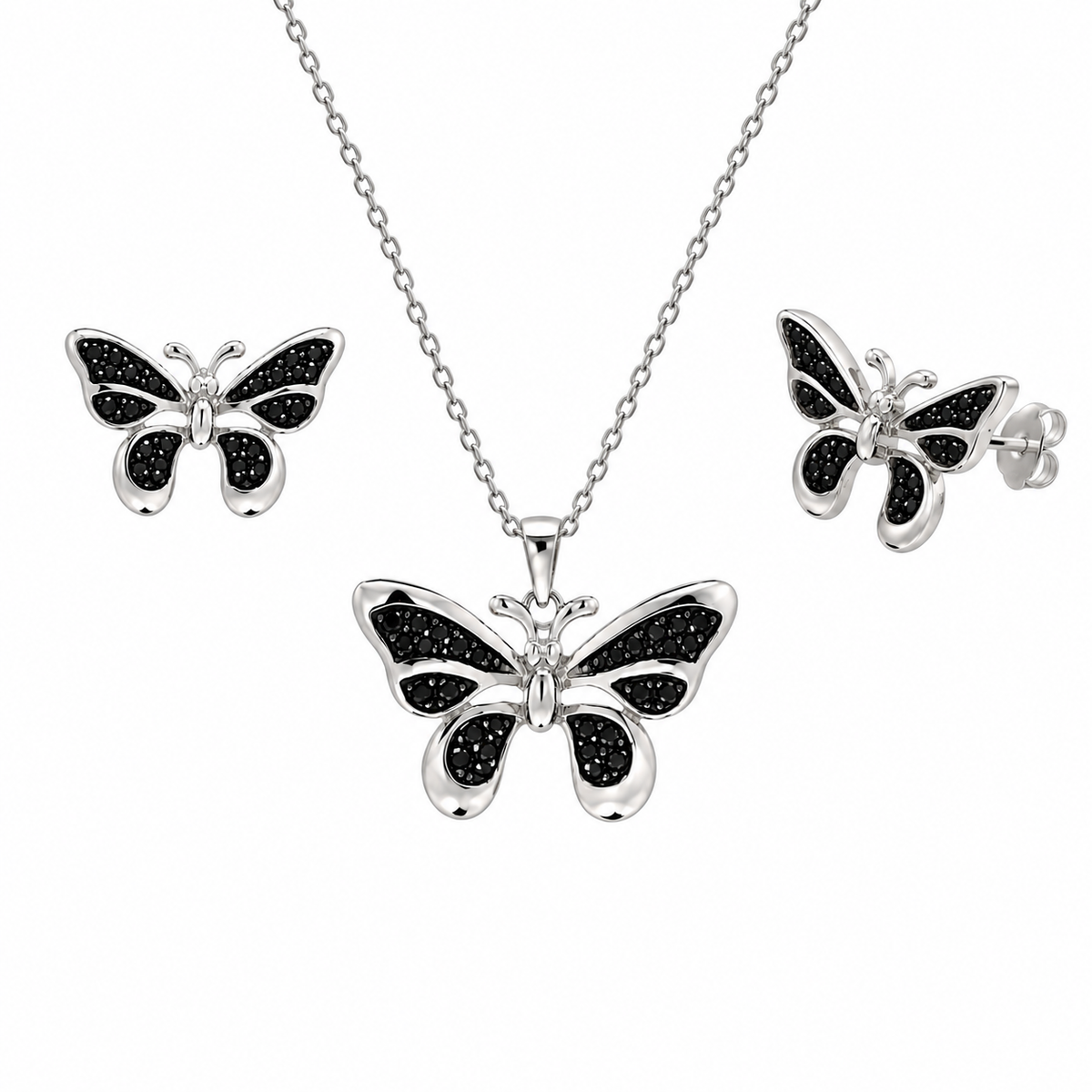 Rhodium Plated 925 Sterling Silver Black Butterfly CZ Stud Earring and Necklace Set - STS00415