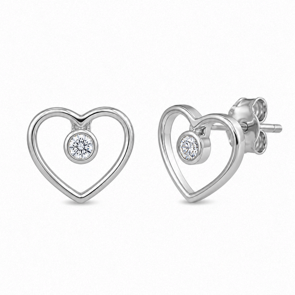 Juego de aretes y collar con circonita cúbica redonda y corazón abierto chapado en rodio en plata 925 - STS00417