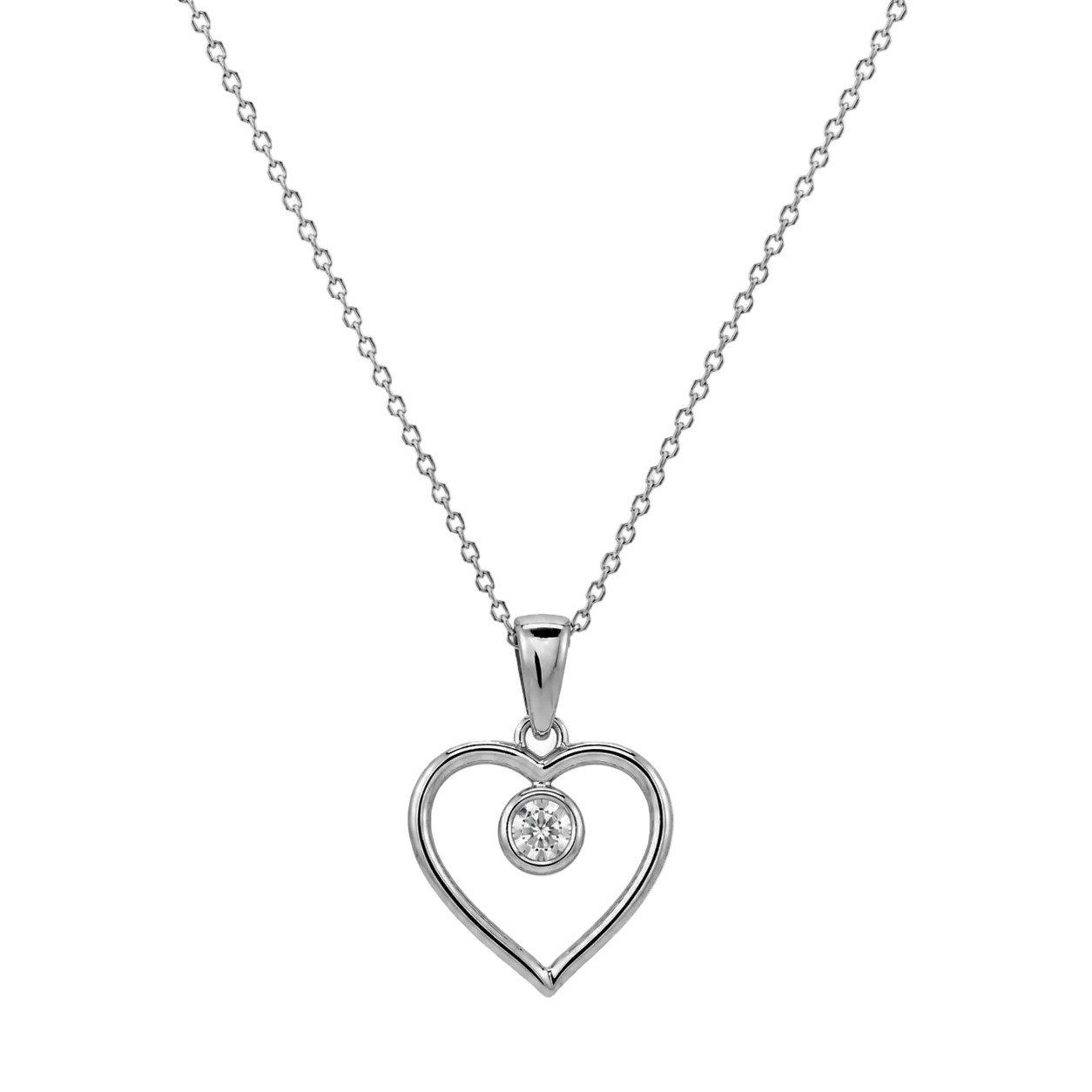 Juego de aretes y collar con circonita cúbica redonda y corazón abierto chapado en rodio en plata 925 - STS00417