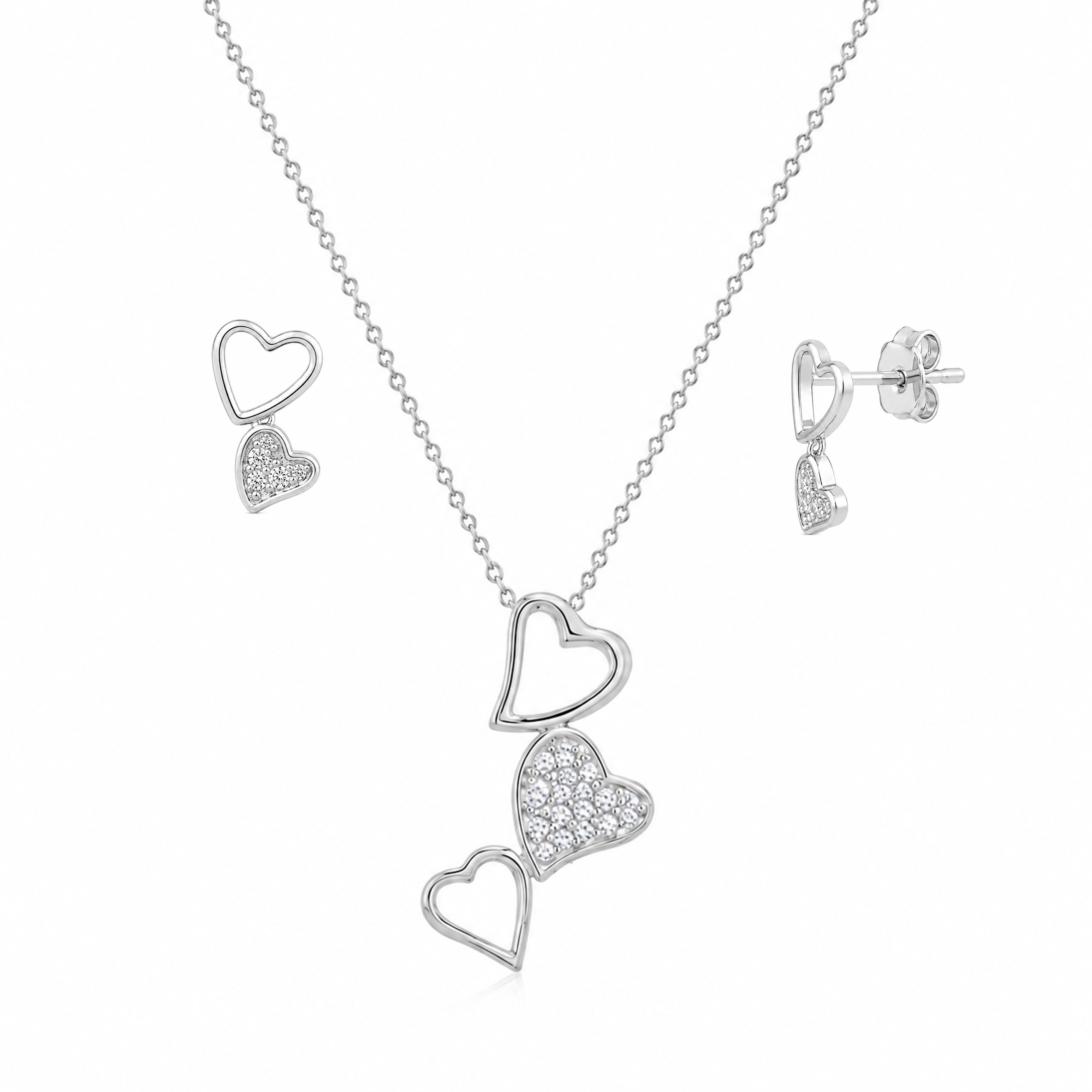 Conjunto de collar y aretes colgantes con múltiples circonitas cúbicas de corazón abierto chapado en rodio en plata 925 - STS00418