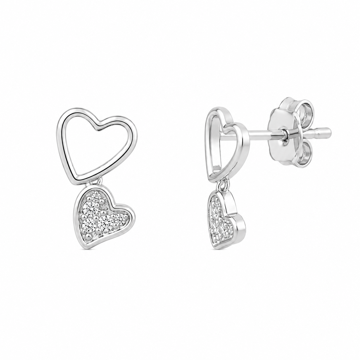 Conjunto de collar y aretes colgantes con múltiples circonitas cúbicas de corazón abierto chapado en rodio en plata 925 - STS00418
