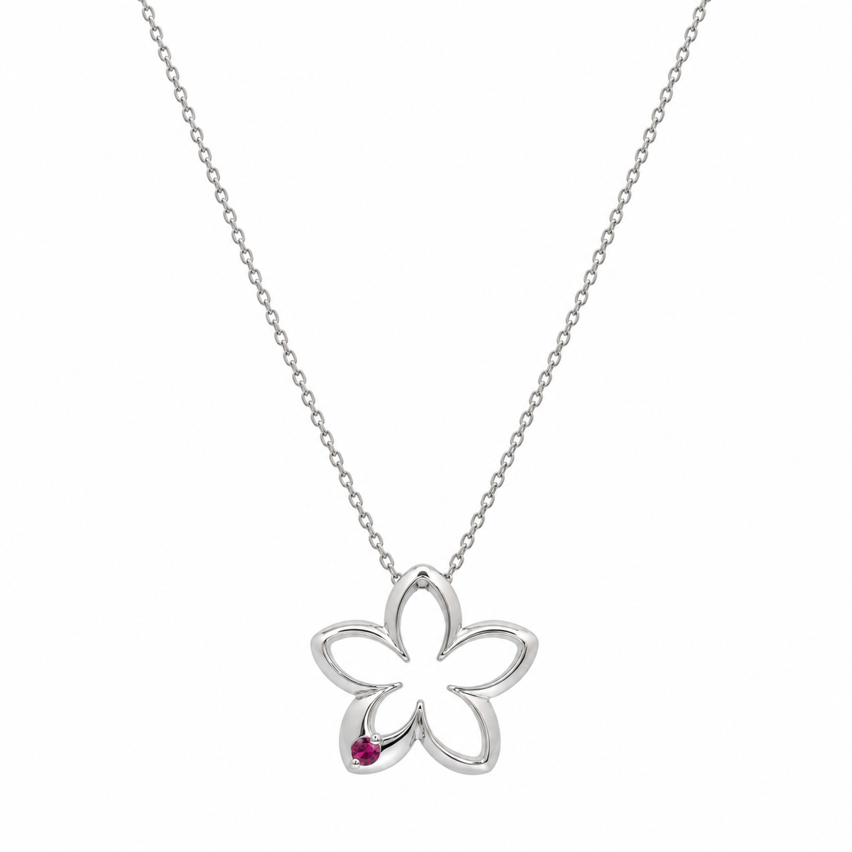 Conjunto de aretes y collar con circonita cúbica redonda roja pequeña y flor abierta chapada en rodio de plata 925 - STS00419