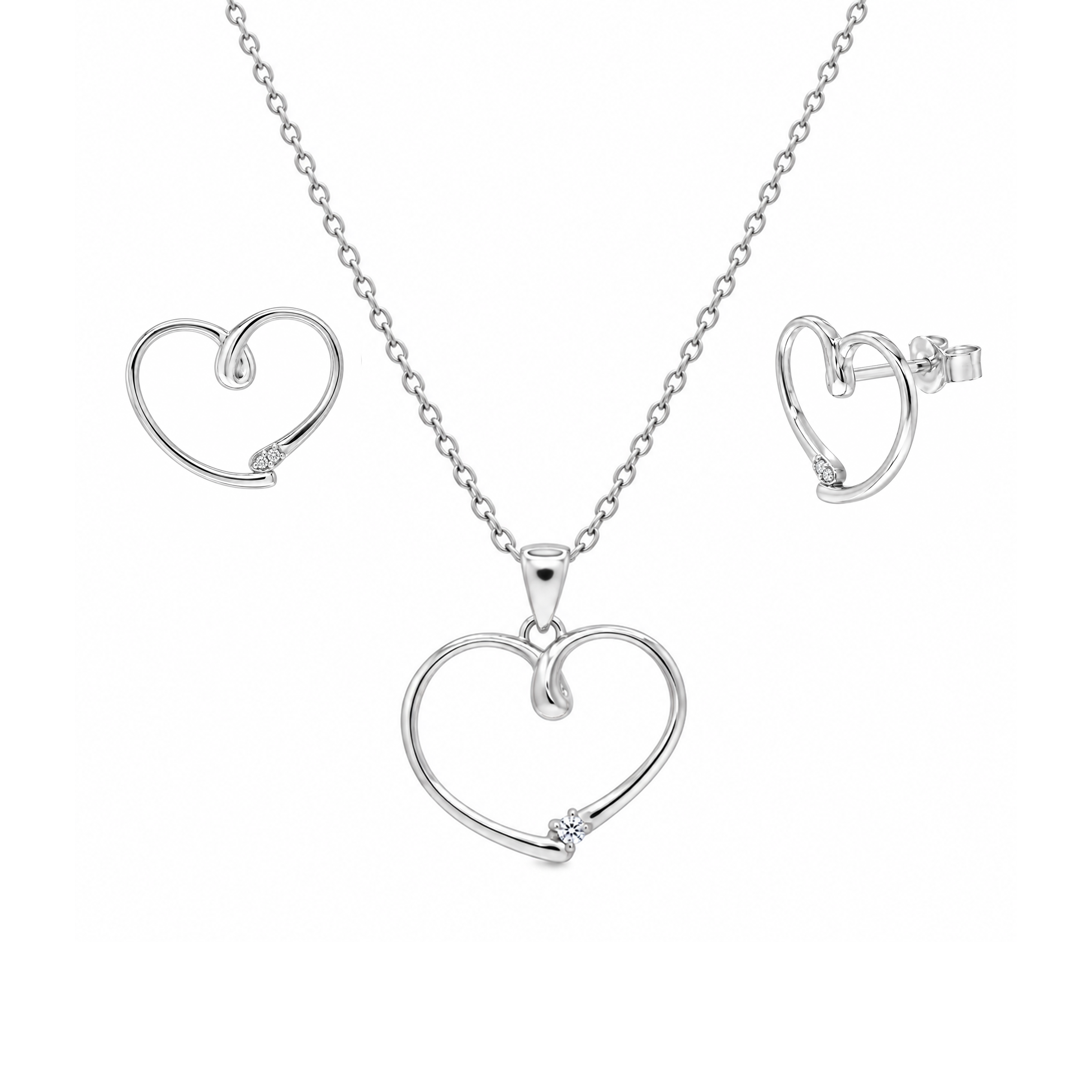 Rhodium Plated 925 Sterling Silver Open Heart CZ Earring and