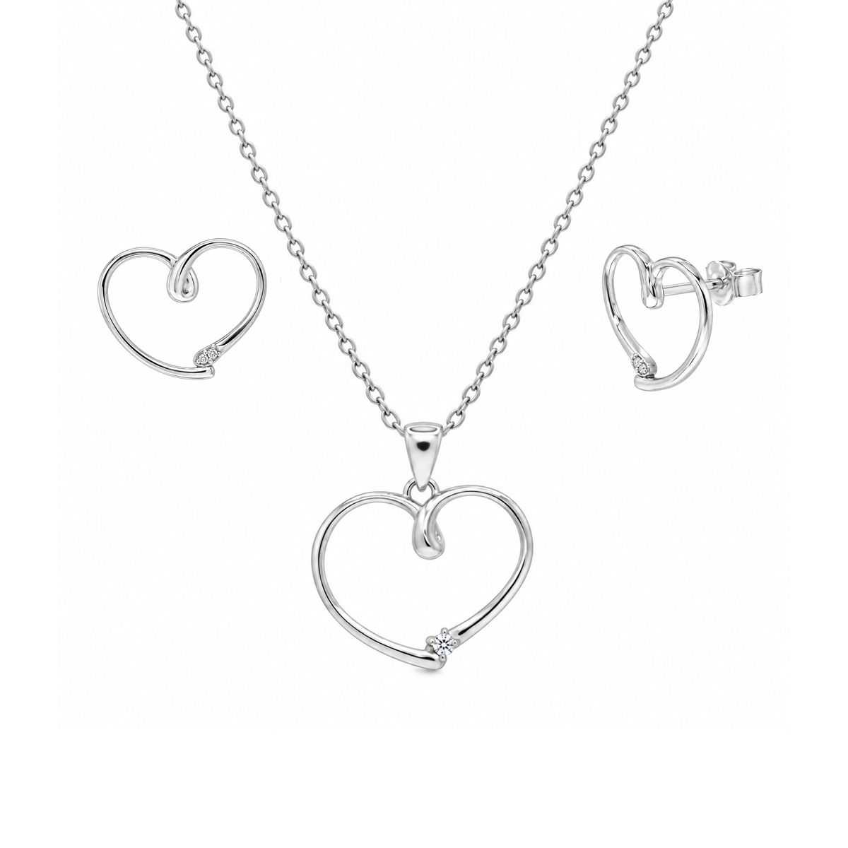 Rhodium Plated 925 Sterling Silver Open Heart CZ Earring and Necklace Set - STS00433