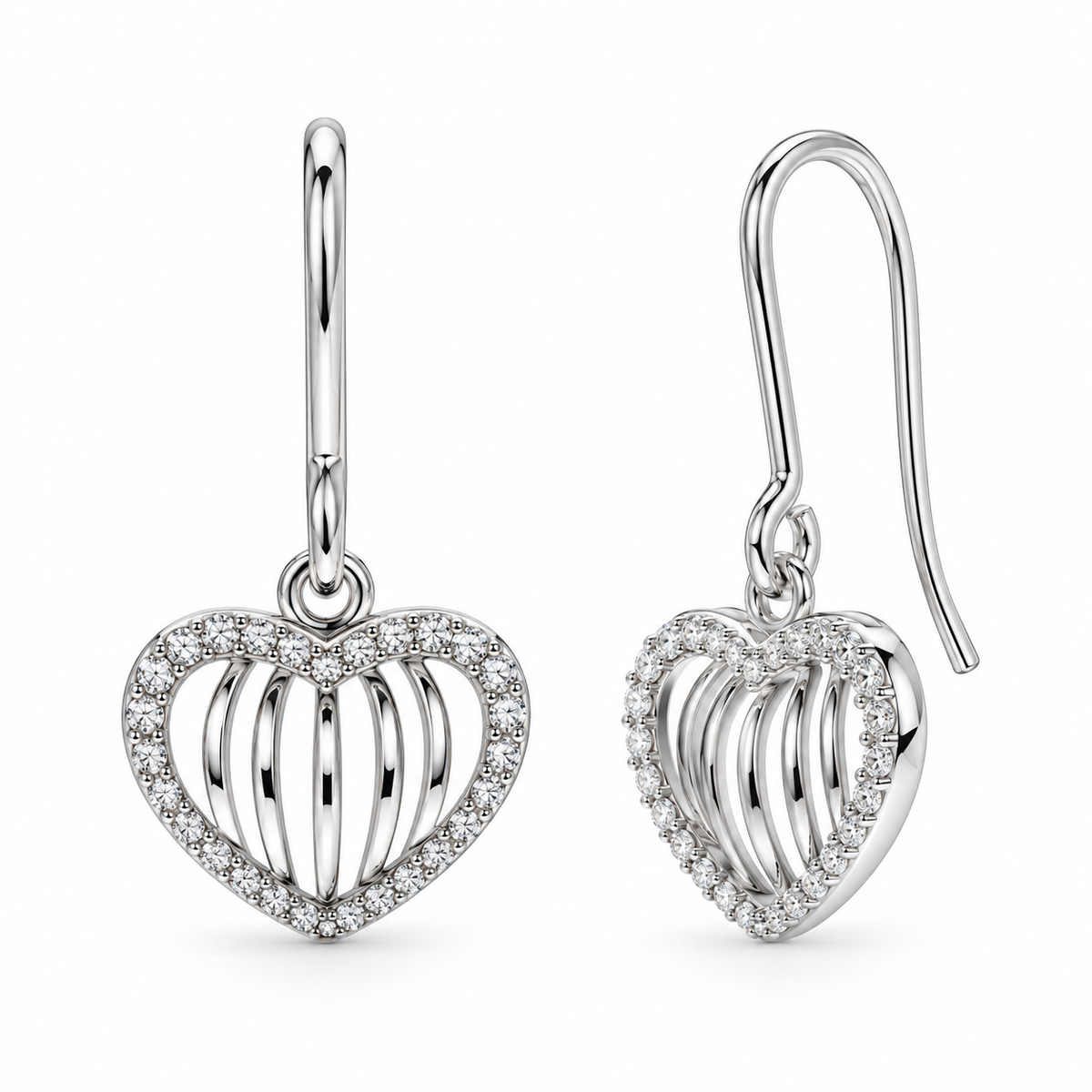 Juego de aretes y collar con circonita cúbica y rayas de corazón abierto chapado en rodio en plata 925 - STS00434