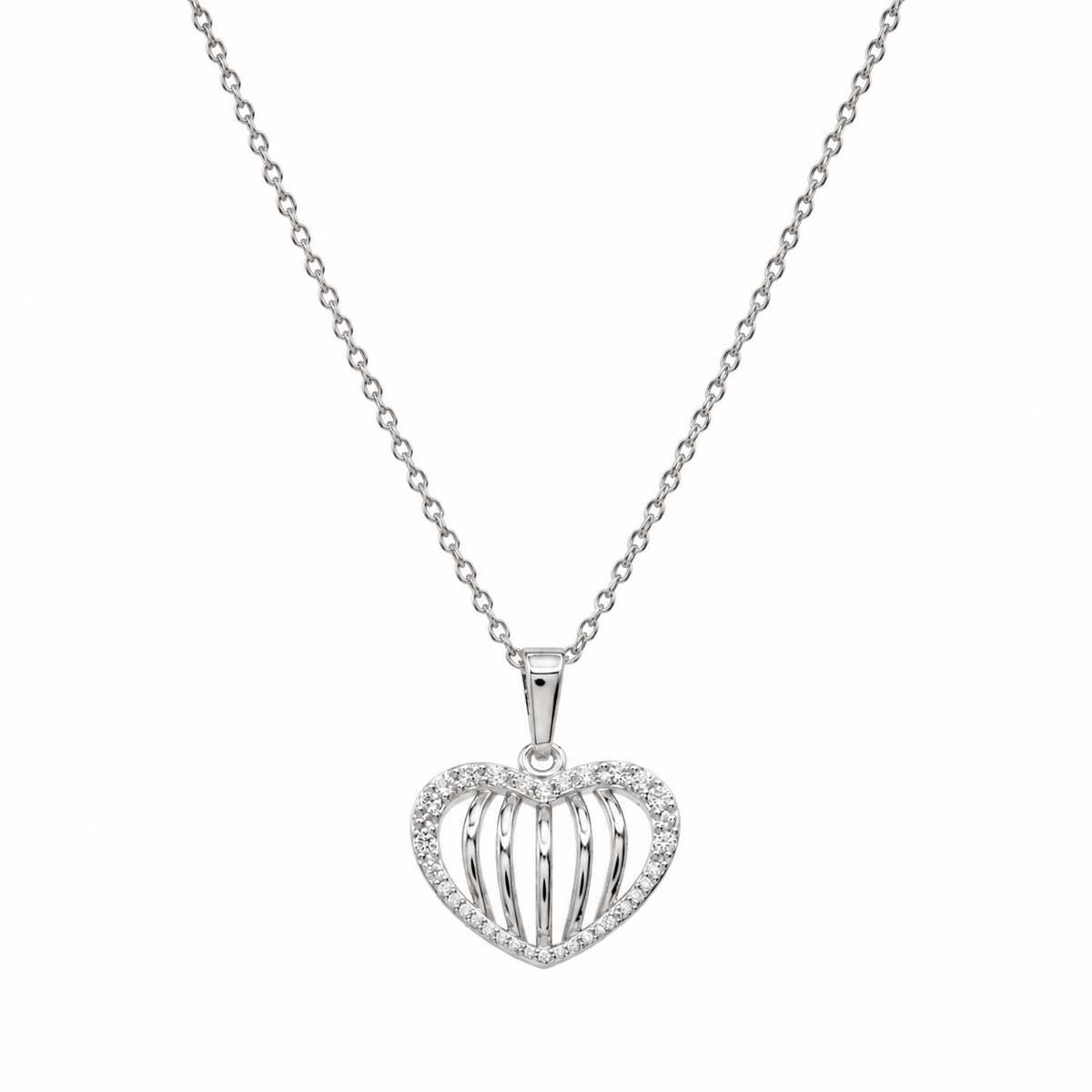 Juego de aretes y collar con circonita cúbica y rayas de corazón abierto chapado en rodio en plata 925 - STS00434