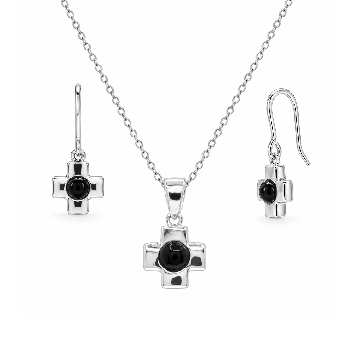 Juego de aretes y collar colgantes con palanca de ónix negro y centro de cruz chapados en rodio en plata 925 - STS00442