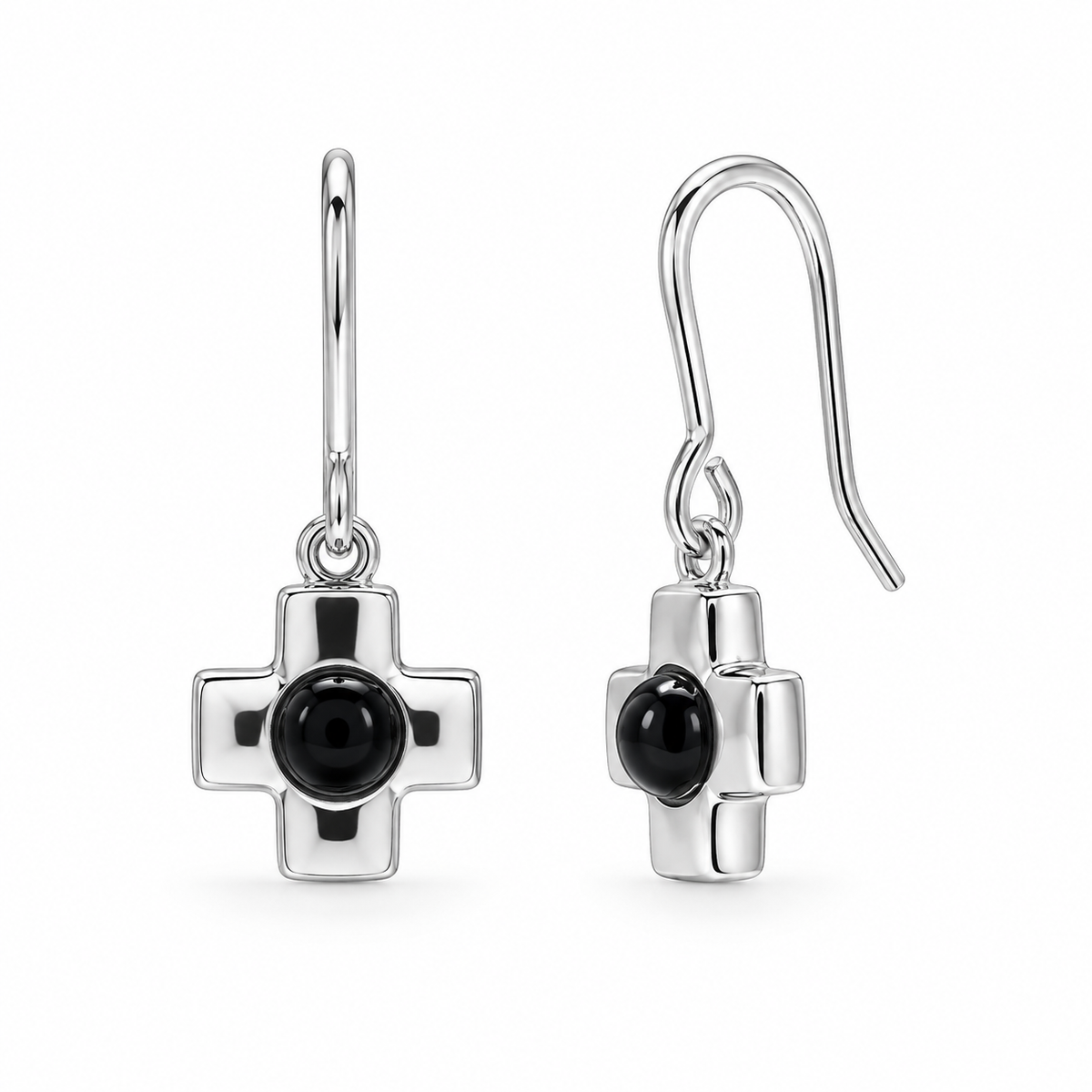 Juego de aretes y collar colgantes con palanca de ónix negro y centro de cruz chapados en rodio en plata 925 - STS00442