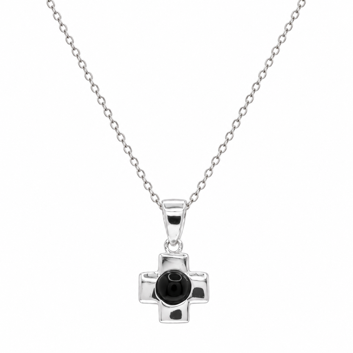 Juego de aretes y collar colgantes con palanca de ónix negro y centro de cruz chapados en rodio en plata 925 - STS00442