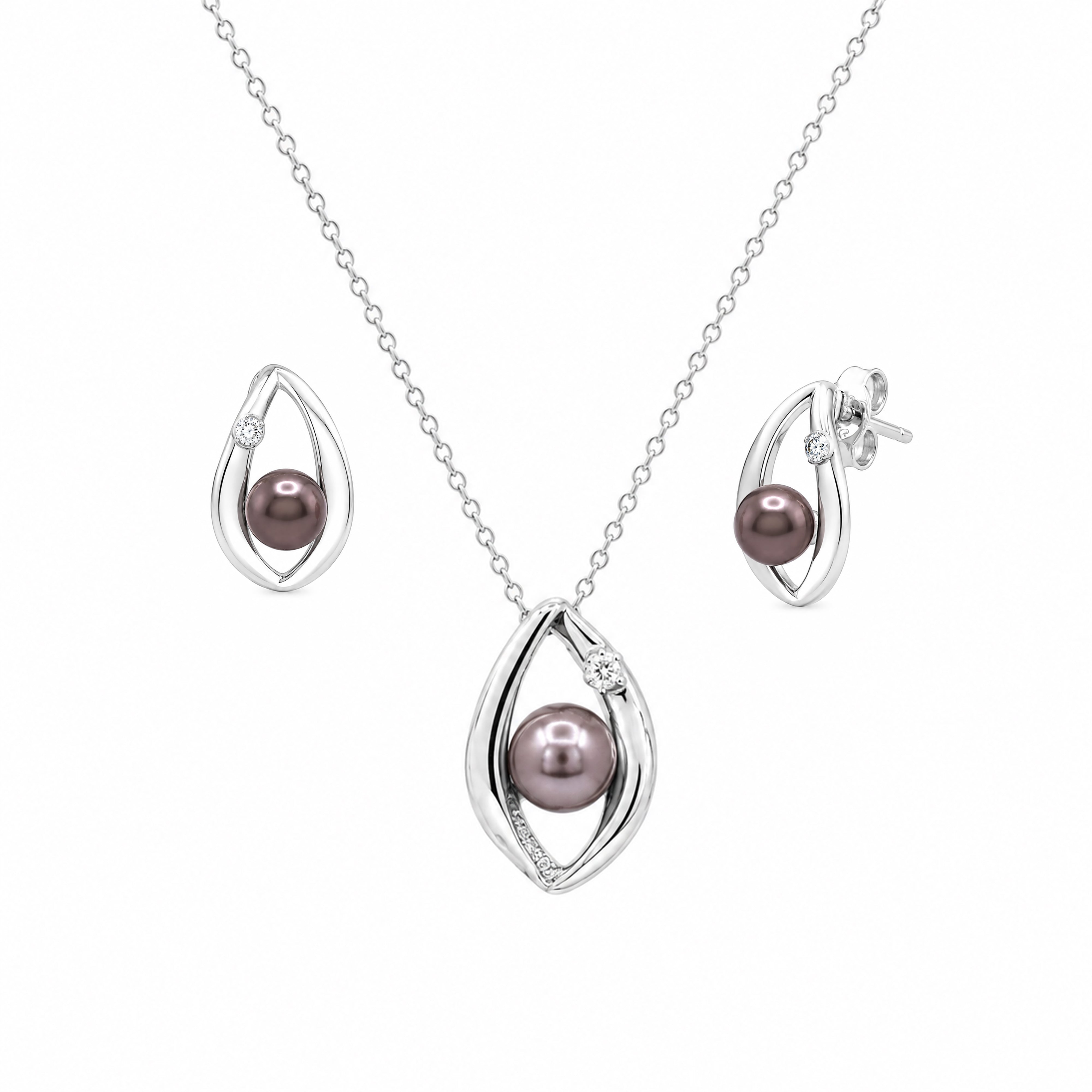 Rhodium Plated 925 Sterling Silver Open Teardrop Center Black Pearl Stud Set - STS00446BLK