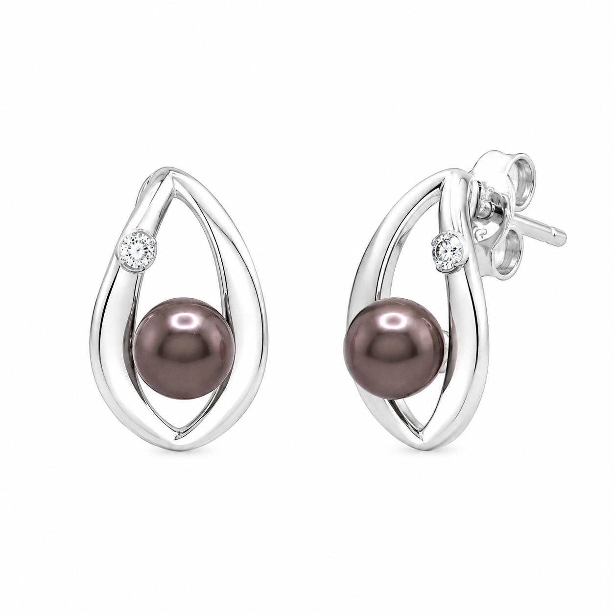 Juego de pendientes de perla negra con centro en forma de lágrima abierta en plata de ley 925 rodiada - STS00446BLK