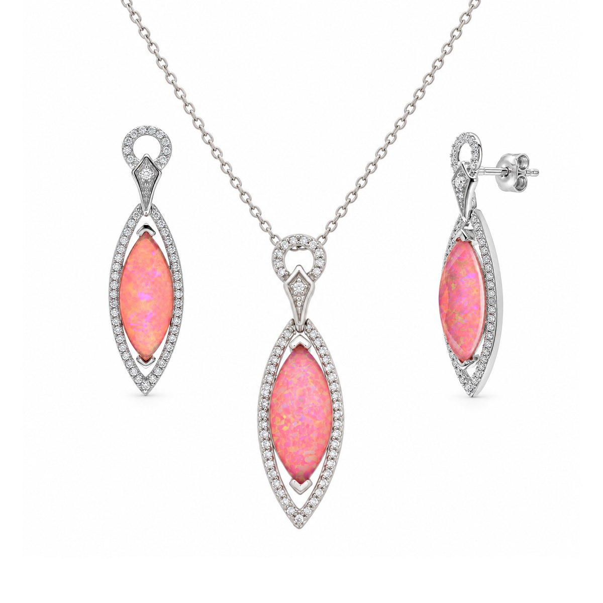 Juego de collar y aretes colgantes con circonita rosa chapada en rodio en plata 925 - STS00465