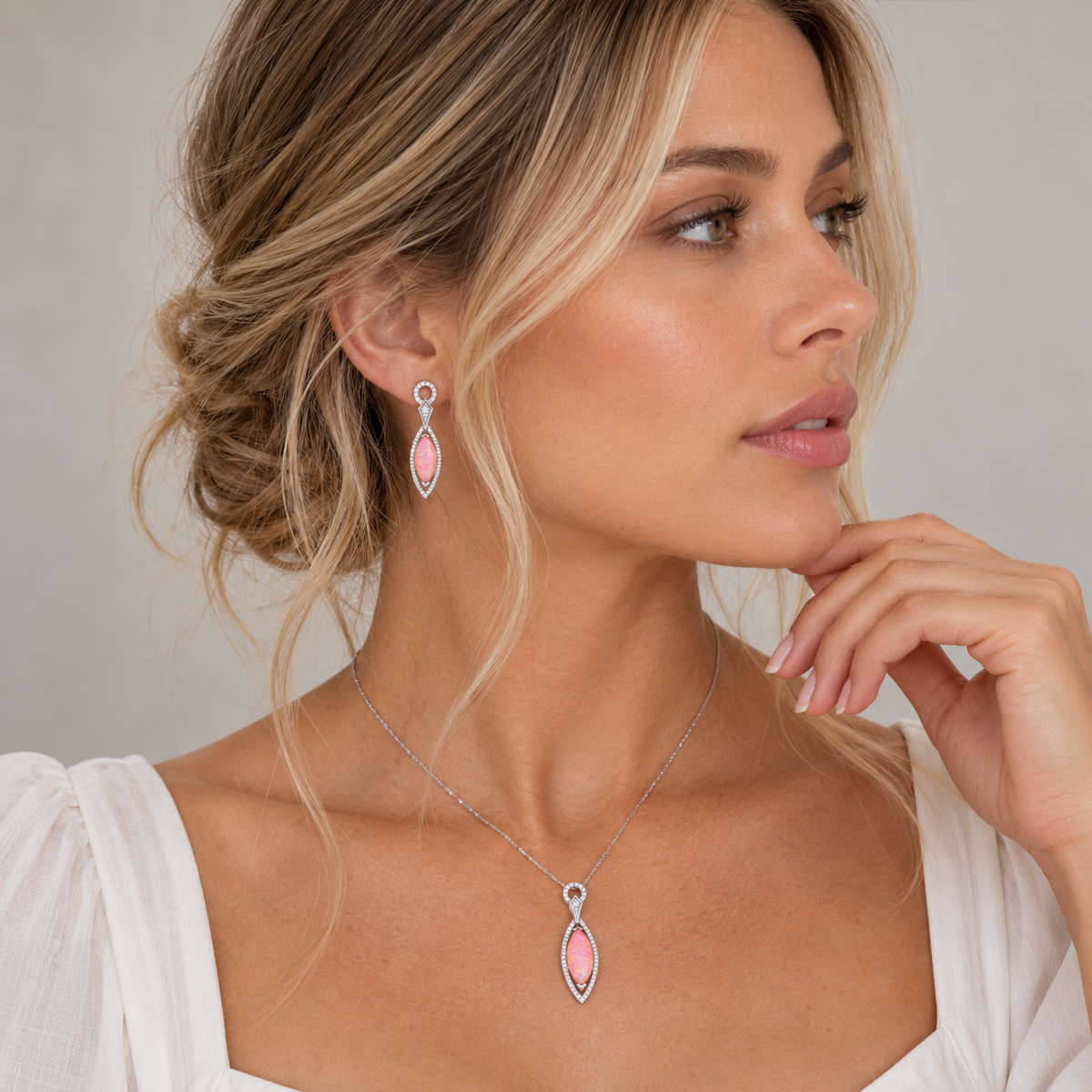 Juego de collar y aretes colgantes con circonita rosa chapada en rodio en plata 925 - STS00465