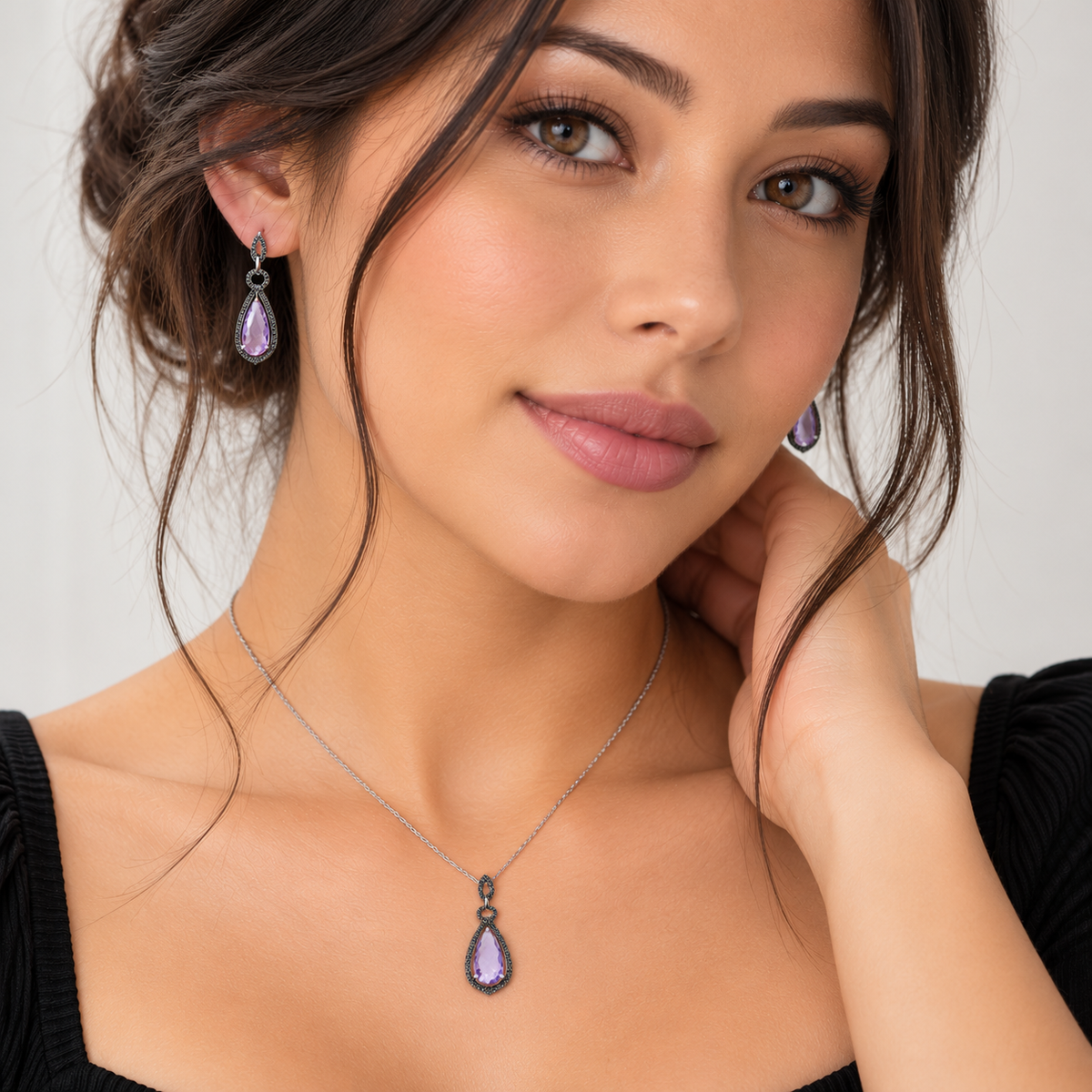 Conjunto de pendientes colgantes de amatista en forma de lágrima, tallados a mano, en plata 925 con baño de rodio negro - STS00471
