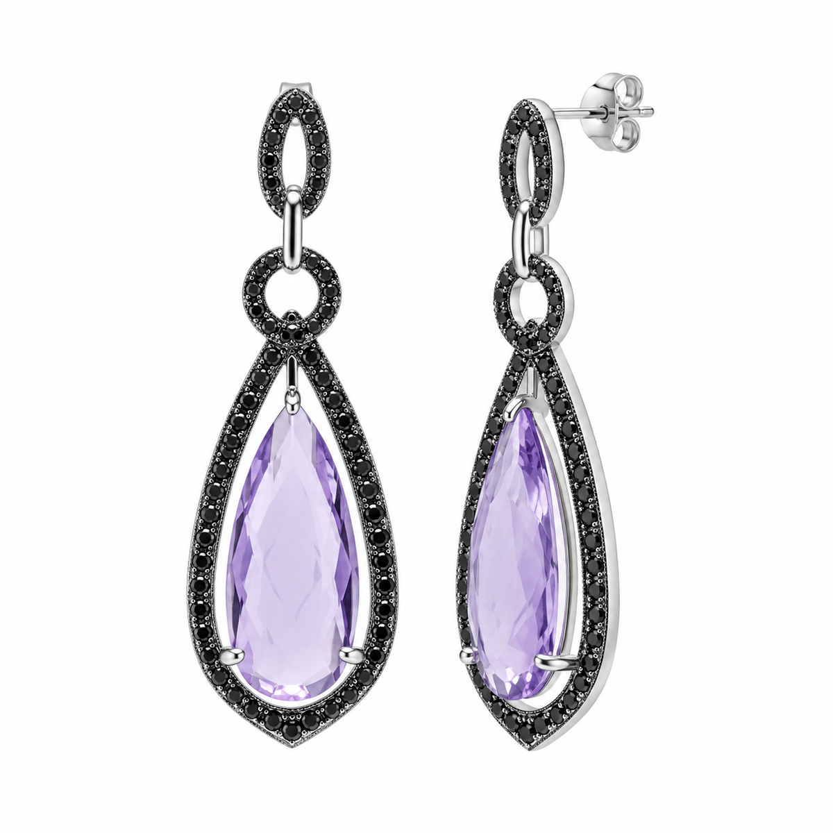 Conjunto de pendientes colgantes de amatista en forma de lágrima, tallados a mano, en plata 925 con baño de rodio negro - STS00471