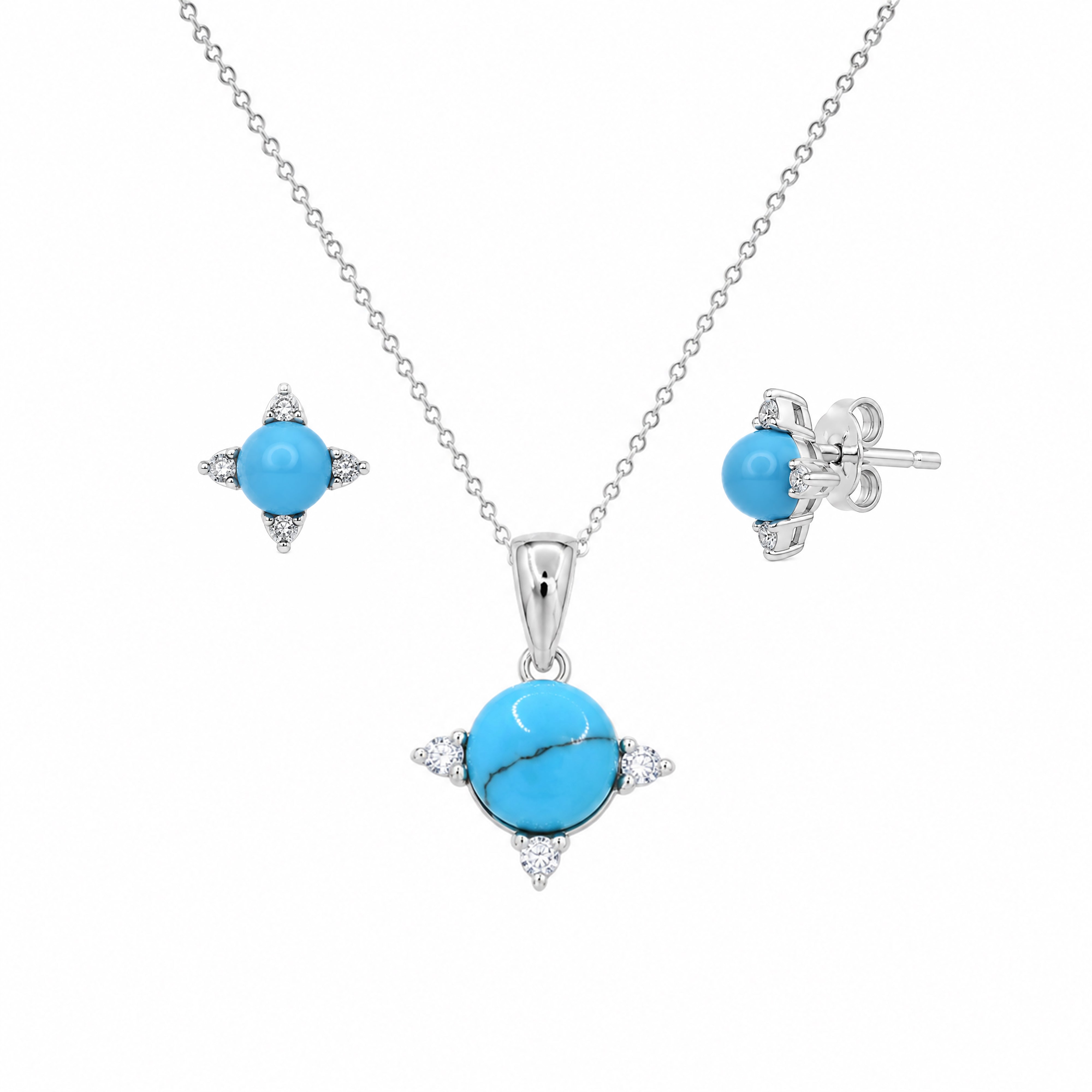 Juego de aretes y collar con circonita cúbica y bola azul chapada en rodio en plata 925 - STS00476