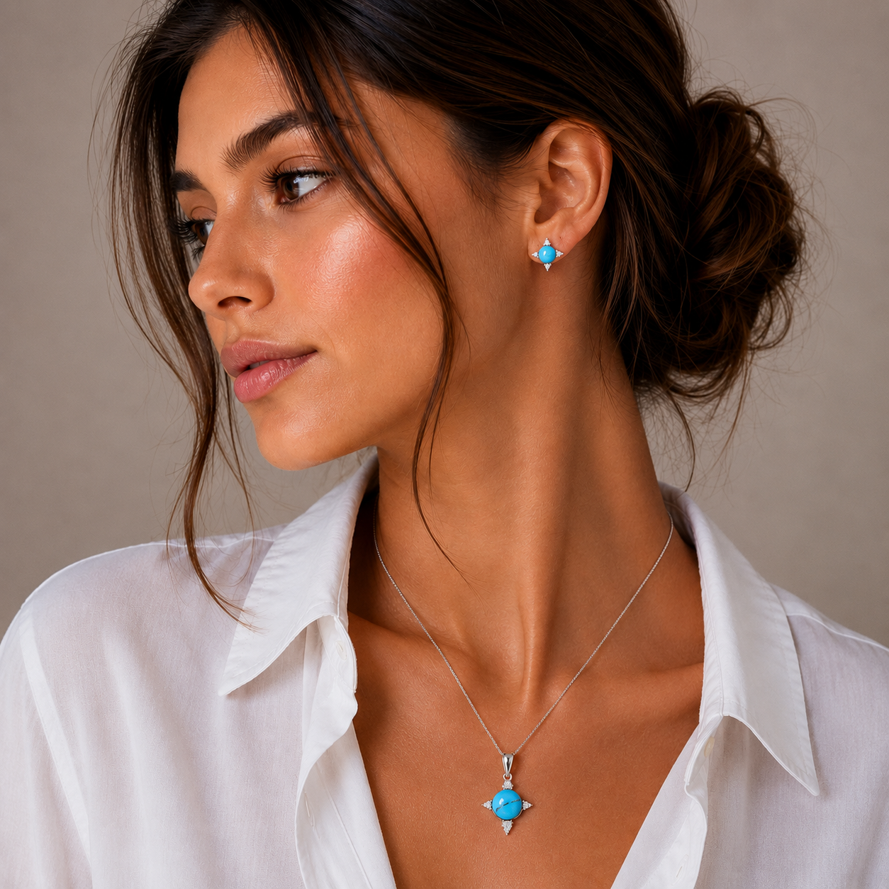 Juego de aretes y collar con circonita cúbica y bola azul chapada en rodio en plata 925 - STS00476