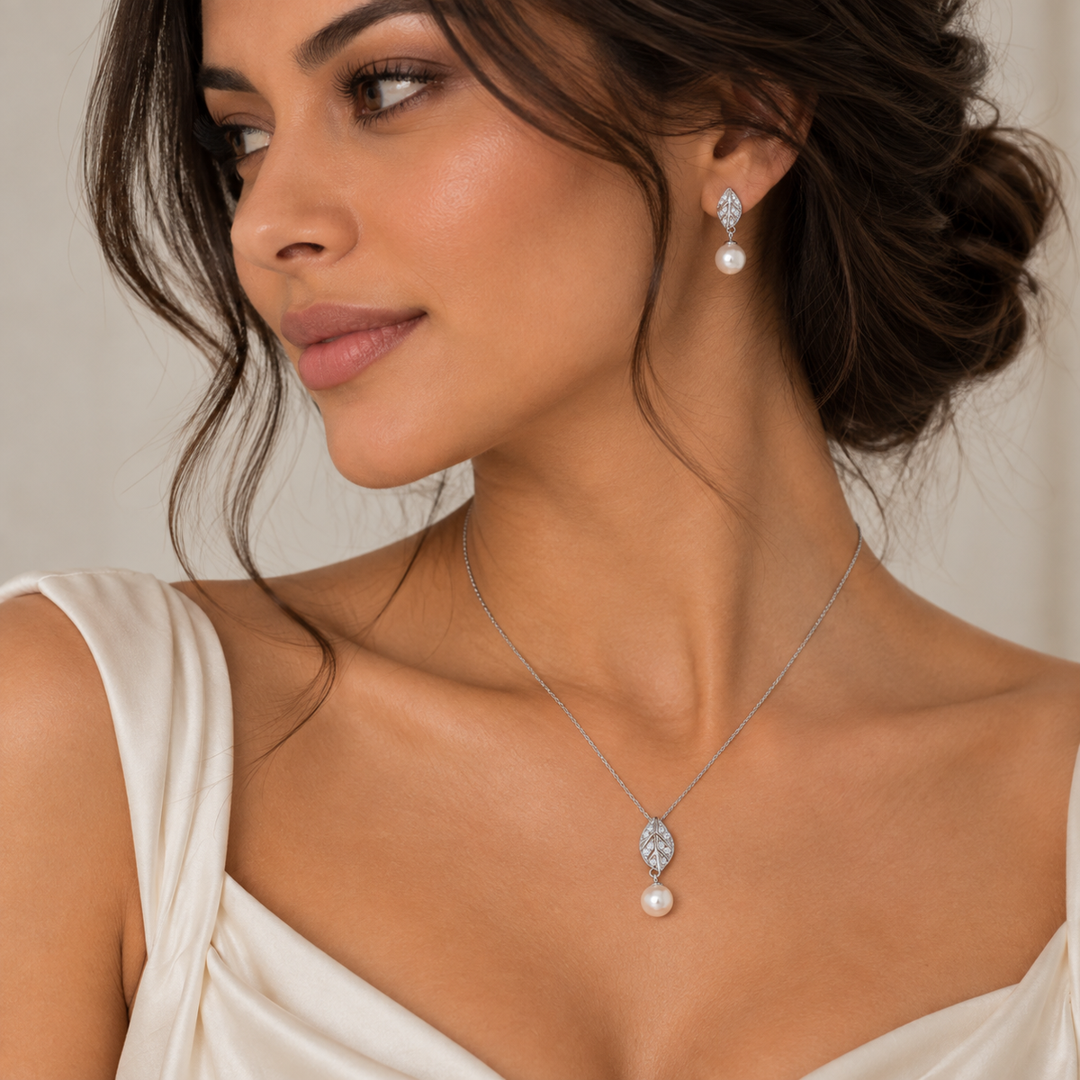 Rhodium Plated 925 Sterling Silver Pearl CZ Leaf Dangle Earring and Necklace Set - STS00478
