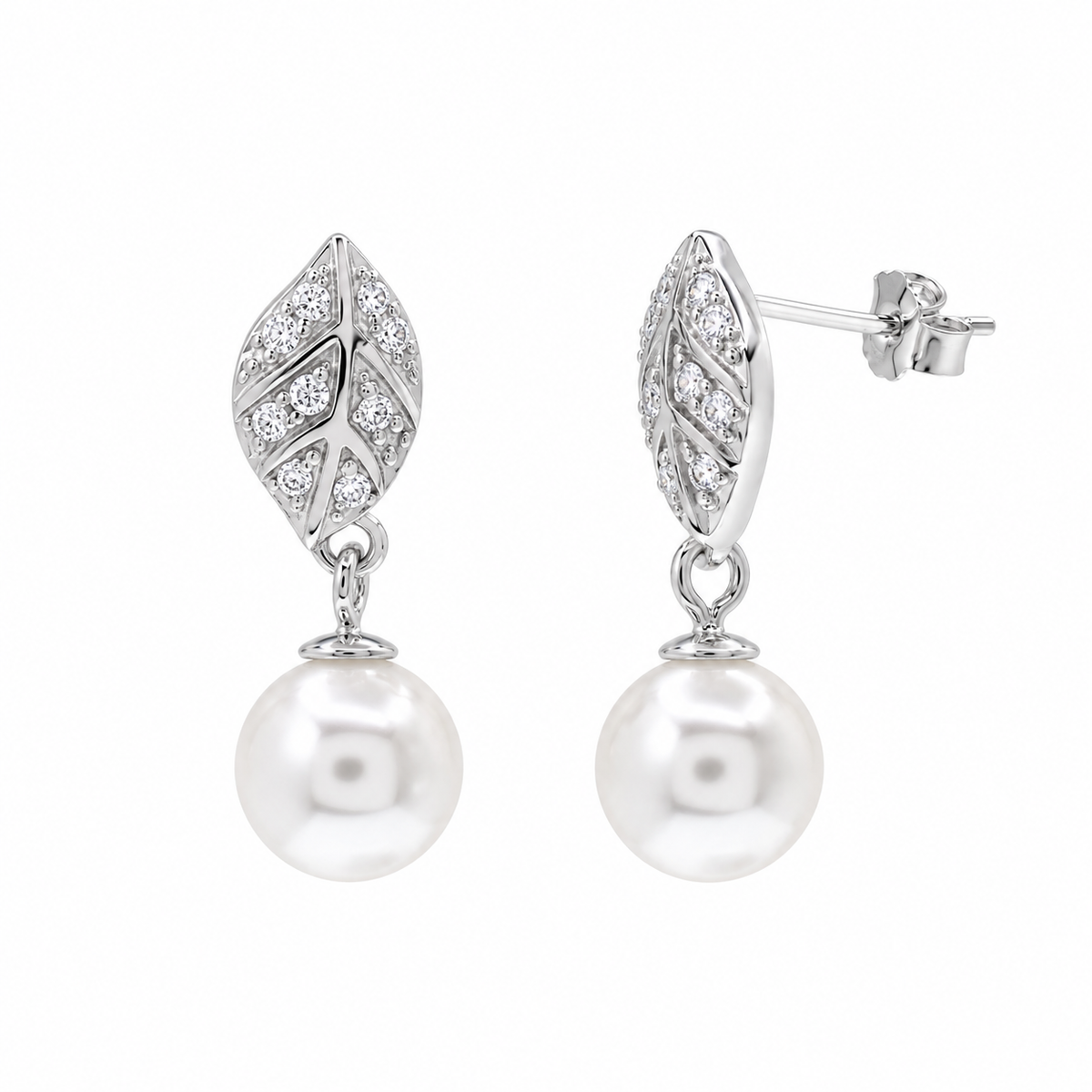 Rhodium Plated 925 Sterling Silver Pearl CZ Leaf Dangle Earring and Necklace Set - STS00478