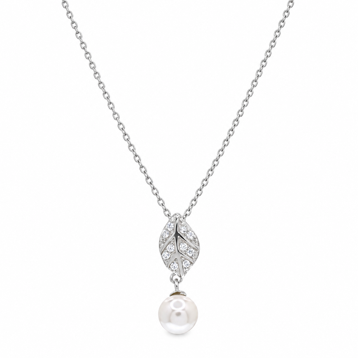 Rhodium Plated 925 Sterling Silver Pearl CZ Leaf Dangle Earring and Necklace Set - STS00478