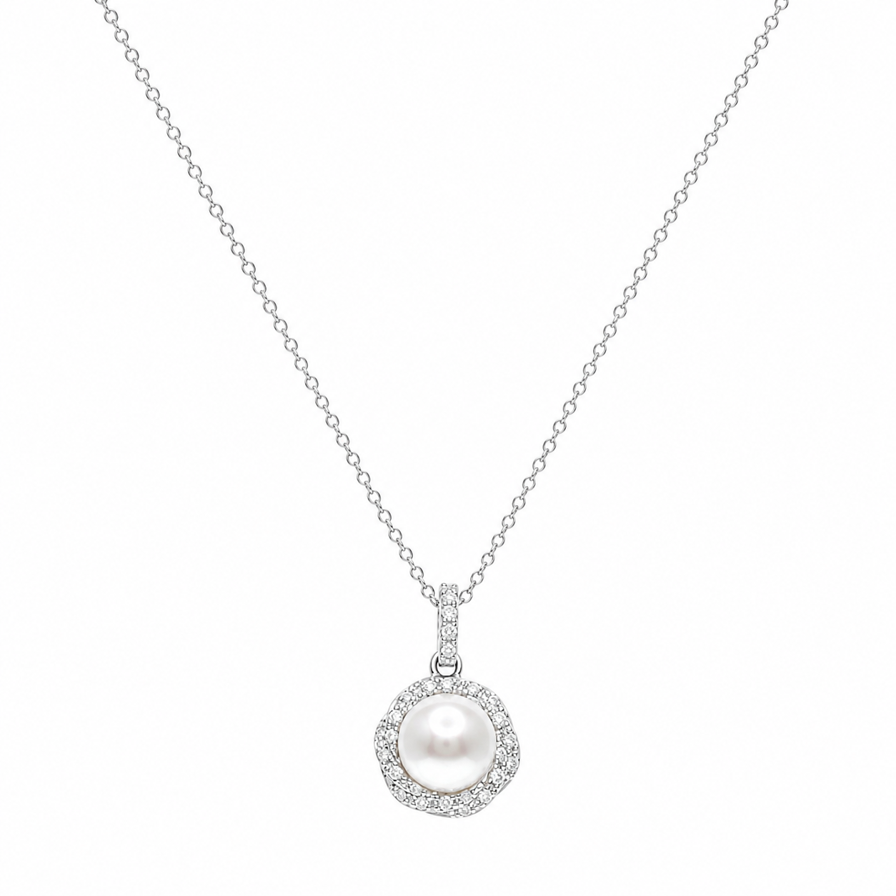 Rhodium Plated 925 Silver Twisted CZ & Pearl Dangling Stud Earring and Necklace Set - STS00479