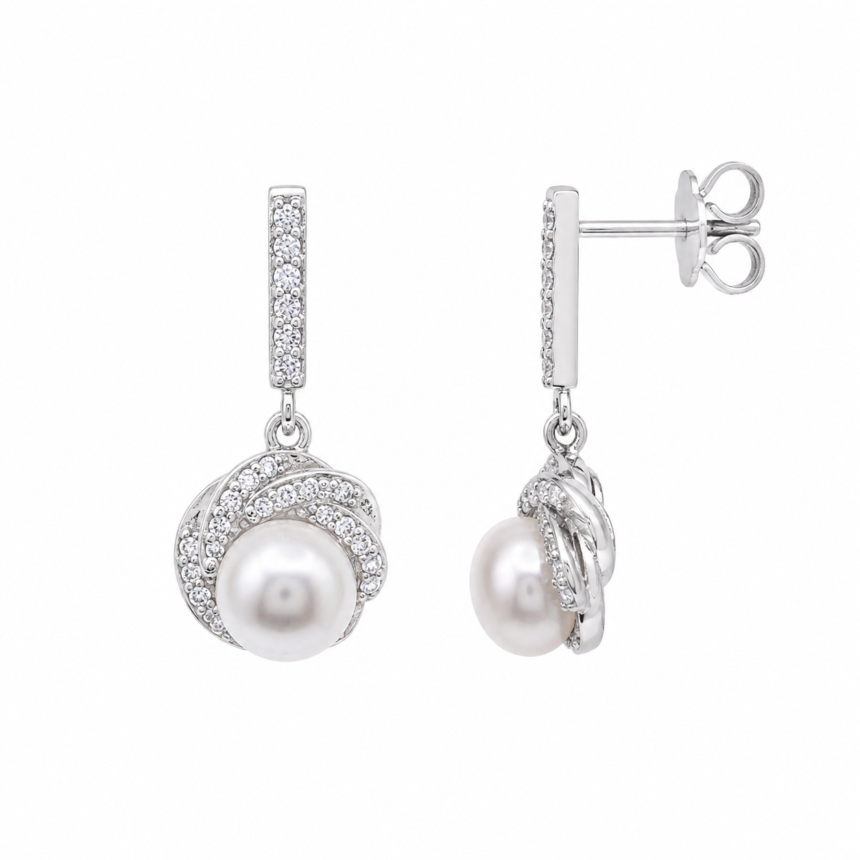 Rhodium Plated 925 Silver Twisted CZ & Pearl Dangling Stud Earring and Necklace Set - STS00479