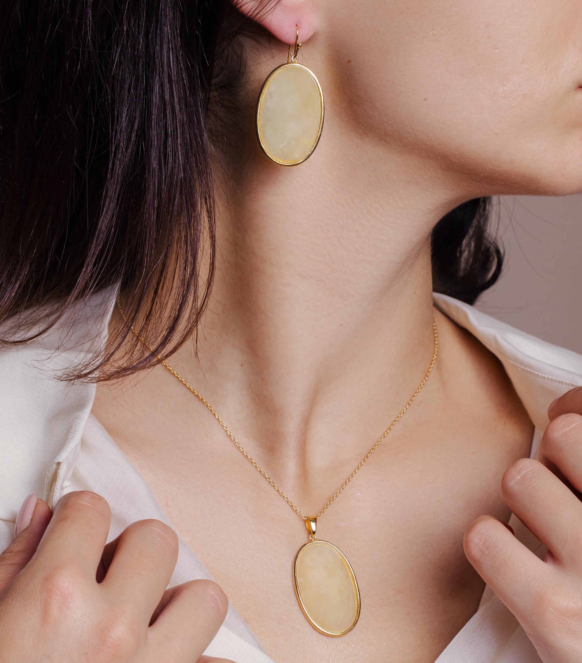 Silver 925 Gold Plated Oval Dangling Hook Earring and Necklace Set - STS00481