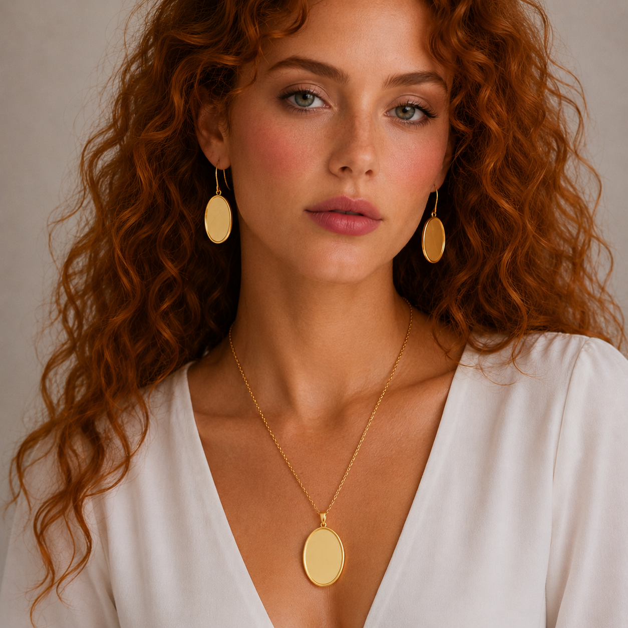 Juego de aretes y collar con gancho colgante ovalado chapado en oro de plata 925 - STS00481