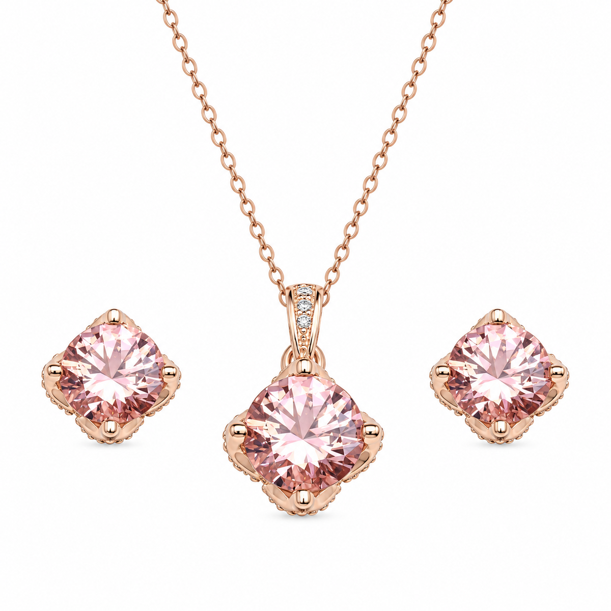 Rose Gold Plated 925 Sterling Silver Pink CZ Stud Earrings and Pendant Necklace Set - STS00519RGP