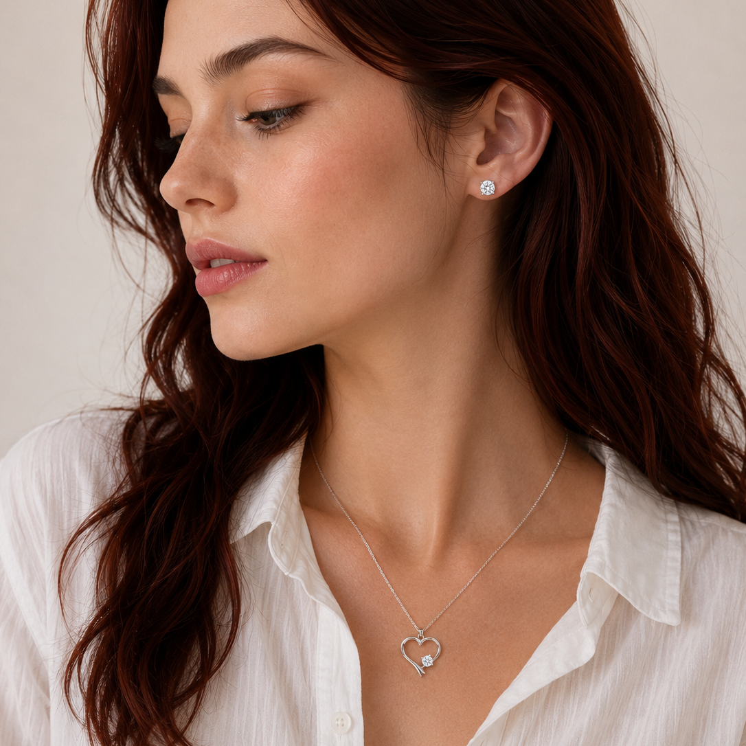 Conjunto de corazón abierto con circonita cúbica en plata de ley 925 rodiada - STS00525