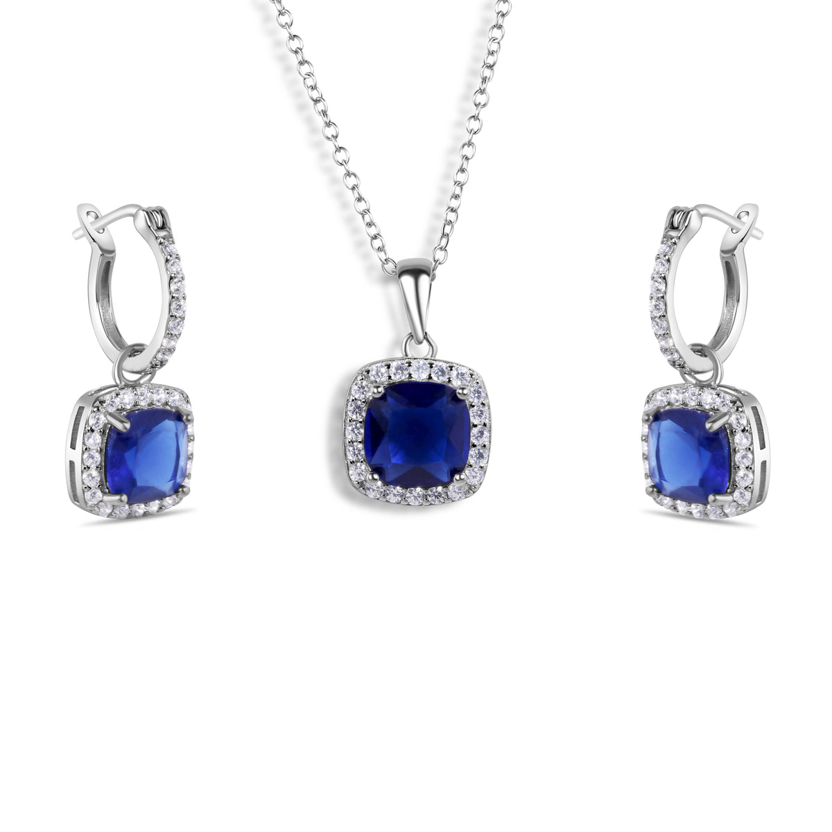 Rhodium Plated 925 Sterling Silver Square CZ Birthstone Earring & Pendant Set - STS00549-GREEN