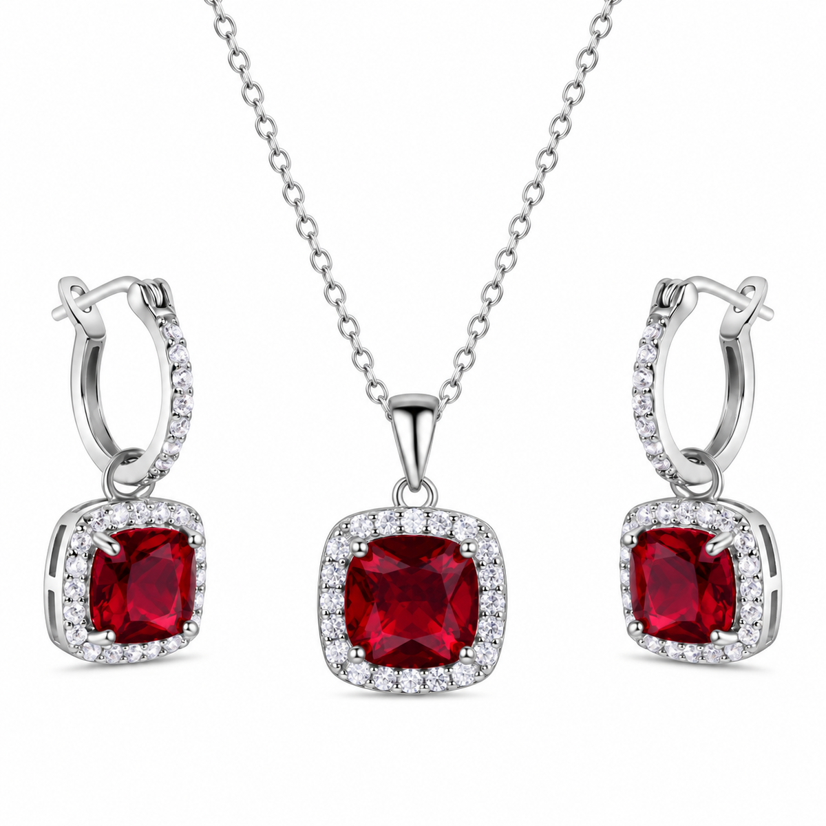 Rhodium Plated 925 Sterling Silver Square CZ Birthstone Earring & Pendant Set - STS00549-GREEN