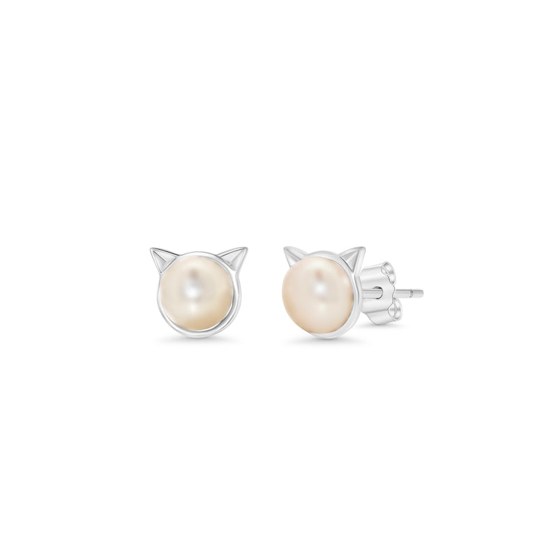 Sterling Silver Rhodium Plated 8.2mm x 7.4mm Synthetic Pearl Cat Ear Stud Earring - STS00553