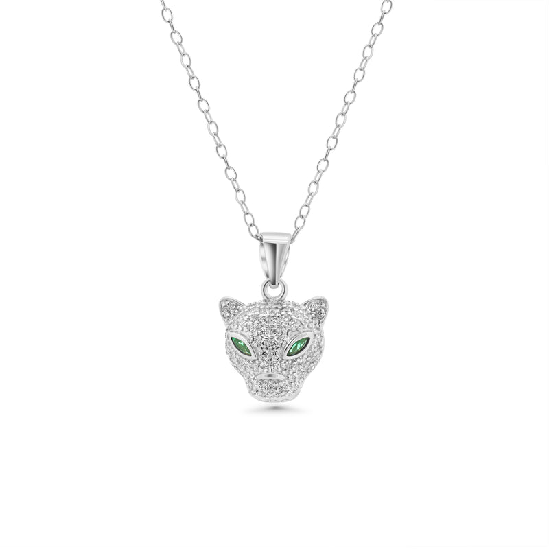 Rhodium Plated 925 Sterling Silver Panther Emerald Eye Clear CZ Set - STS00554